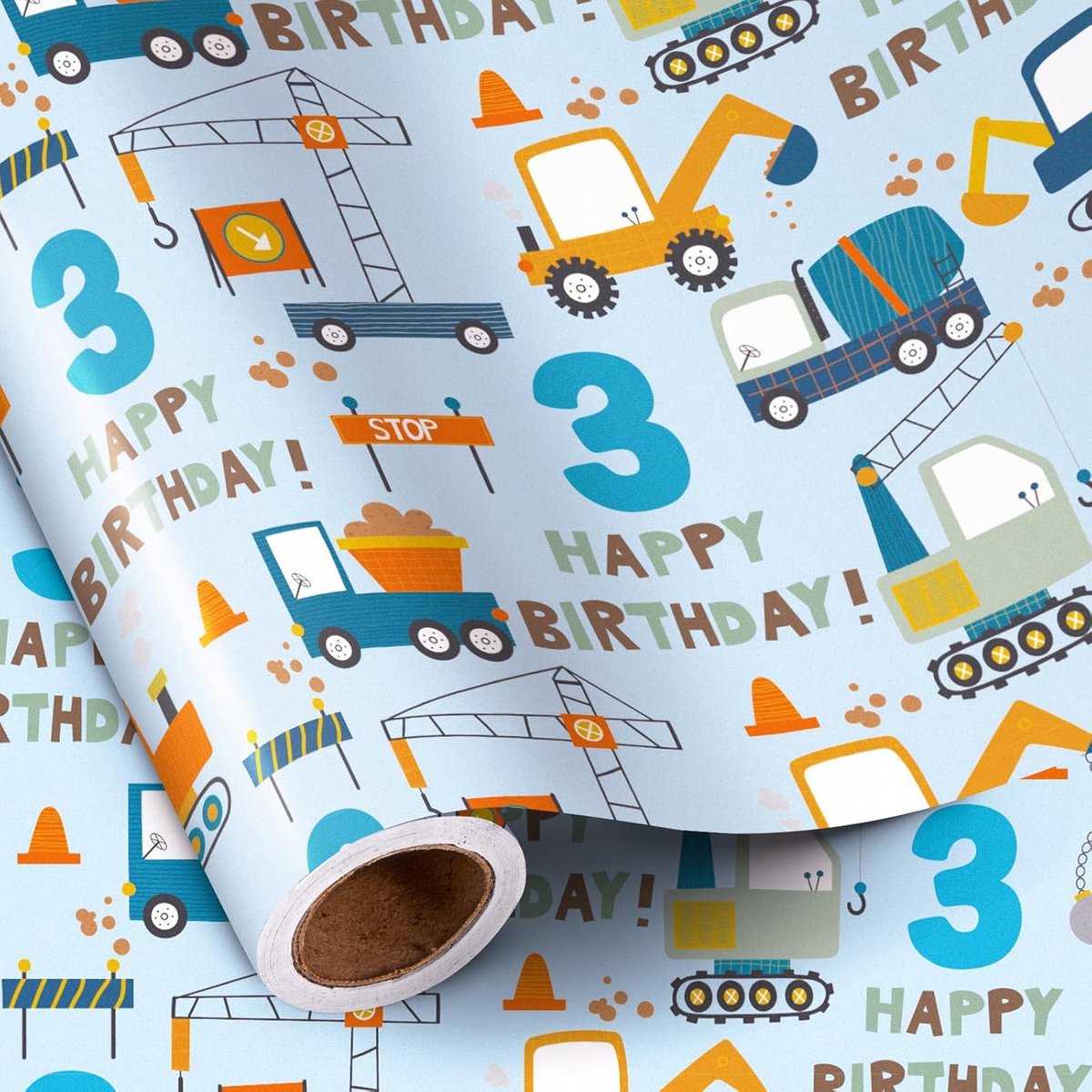 SnelShoppen - Inpakpapier 3e Verjaardag Jongens - Mini-Rol 43,2 cm x 5 m - Blauwe Cartoon Auto's en Vrachtwagens - Happy Birthday Thema - Duurzaam Cad