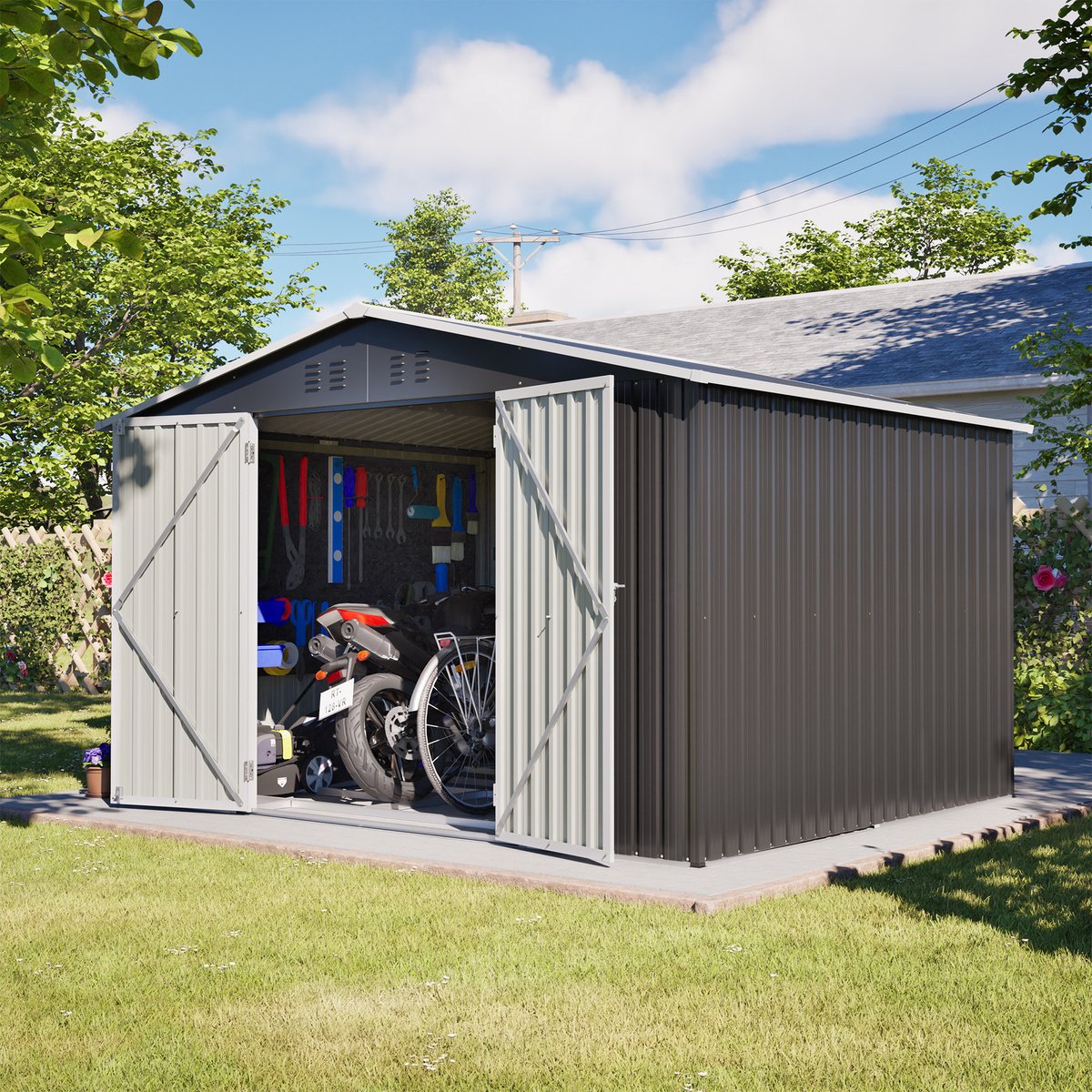 MIVRAY Schuur – 300 x 252 x 191 cm – Afsluitbare Schuifdeuren – Metaal – Grijs – Tuinberging met Zadeldak en Ventilatie