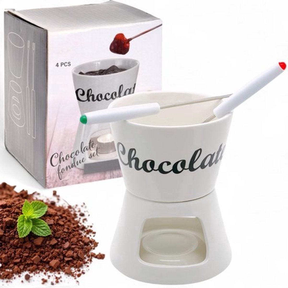 Chocoladefondue set Ã˜12x15cm - Wit - Inclusief 2 fondue vorken