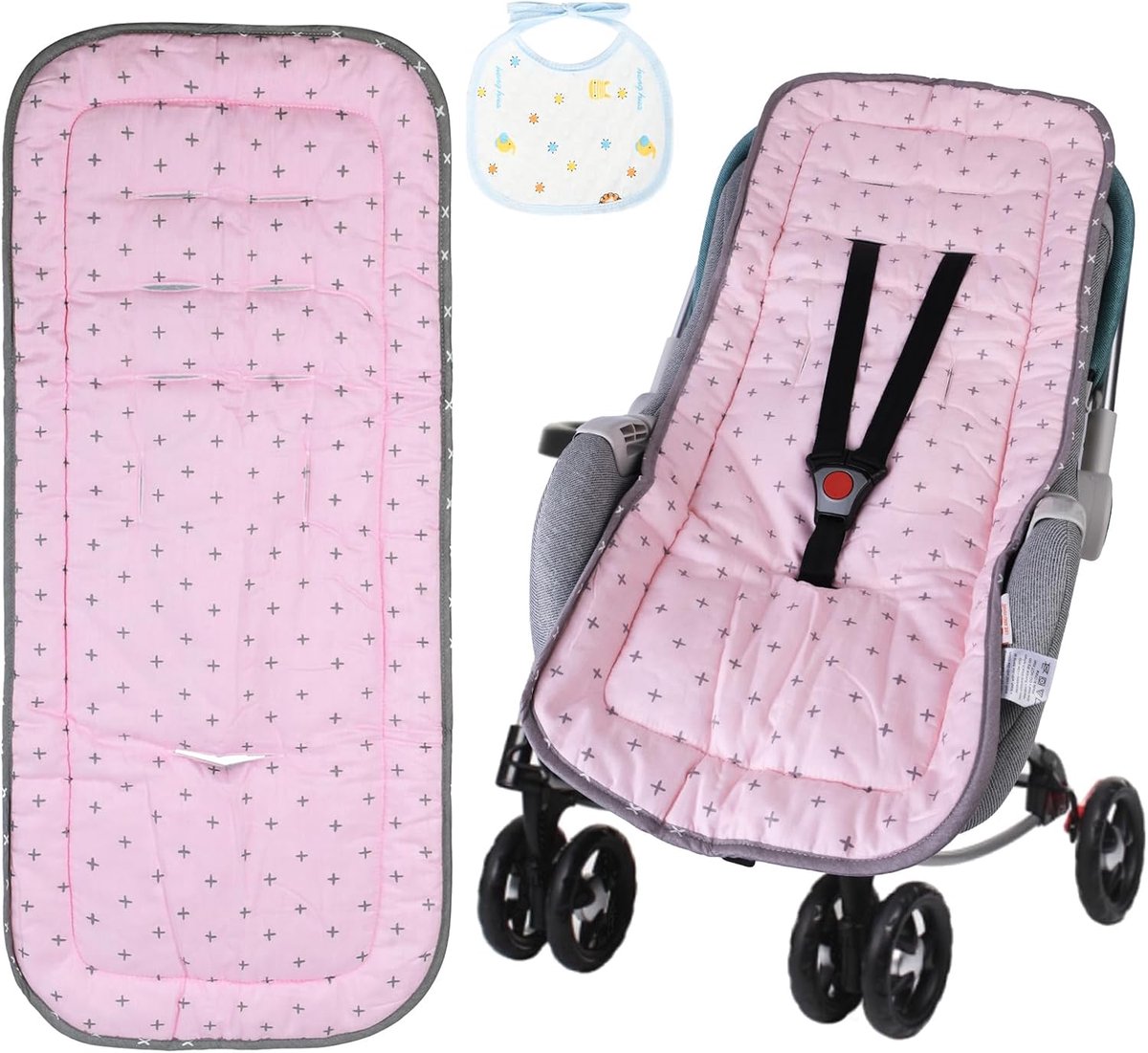 SnelShoppen - Baby Kinderwagenstoelkussen, Omkeerbare Stoelbekleding met Slabbetjes, Universeel 100% Katoenen Buggy Liner, Ademend en Wasbaar Baby Zit