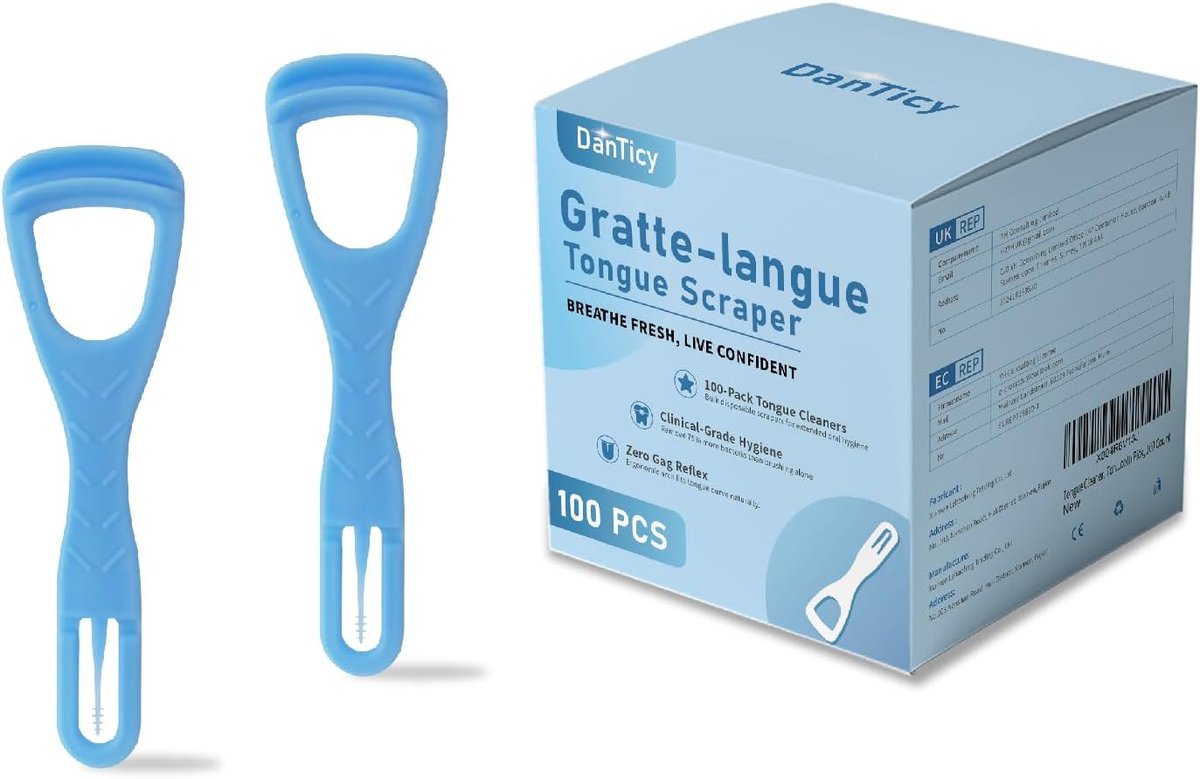 SnelShoppen - Tongue Cleaner Tongue Scraper Set van 100, Wegwerp Plastic Tongue Scraper met Vouwbare Tandenstoker voor Frisse Adem, Ergonomisch en Vei