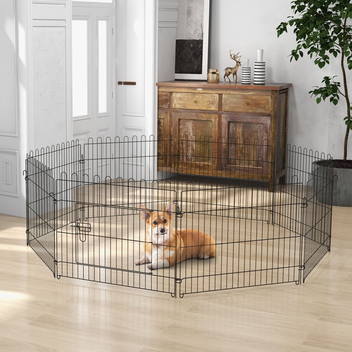 DESMIU Puppyren - 71 x 61 cm - Snel Op Te Bouwen Met Deur - Staal - Zwart - Voor Binnen En Buiten - Met 8 Grondankers