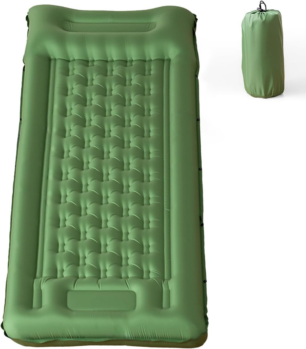 Thijox - Opblaasbare Campingslaapmat met Kussen, Waterdicht en Scheurbestendig 50D Nylon, Enkele Luchtmatras met Ingebouwde Voetpomp, Olijfgroen, 195x