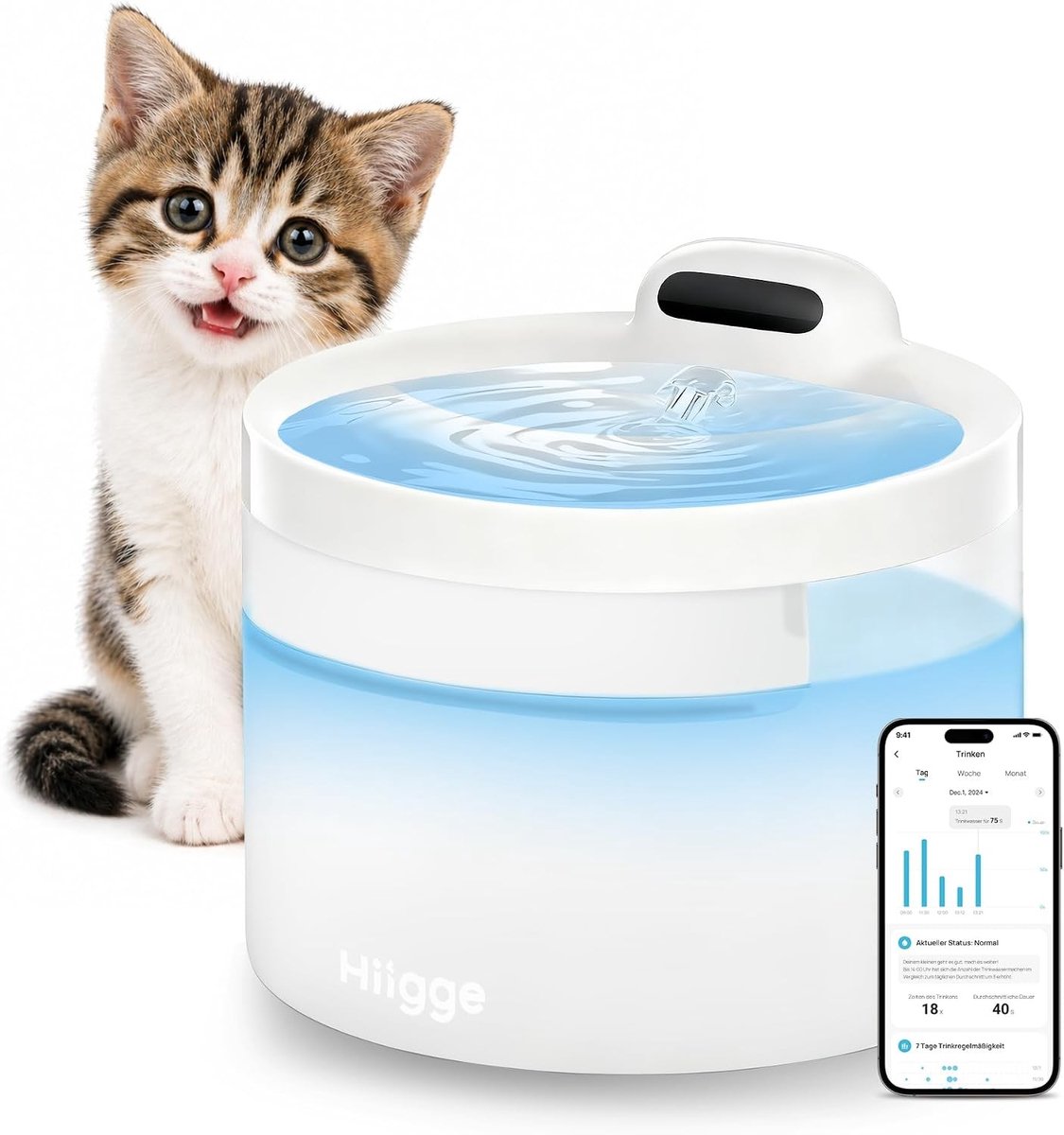 Waterfontein voor kat - Wit - 2,3 Liter - Draadloze Kattenfontein met App en Bewegingssensor - Voor Katten en Kleine Honden