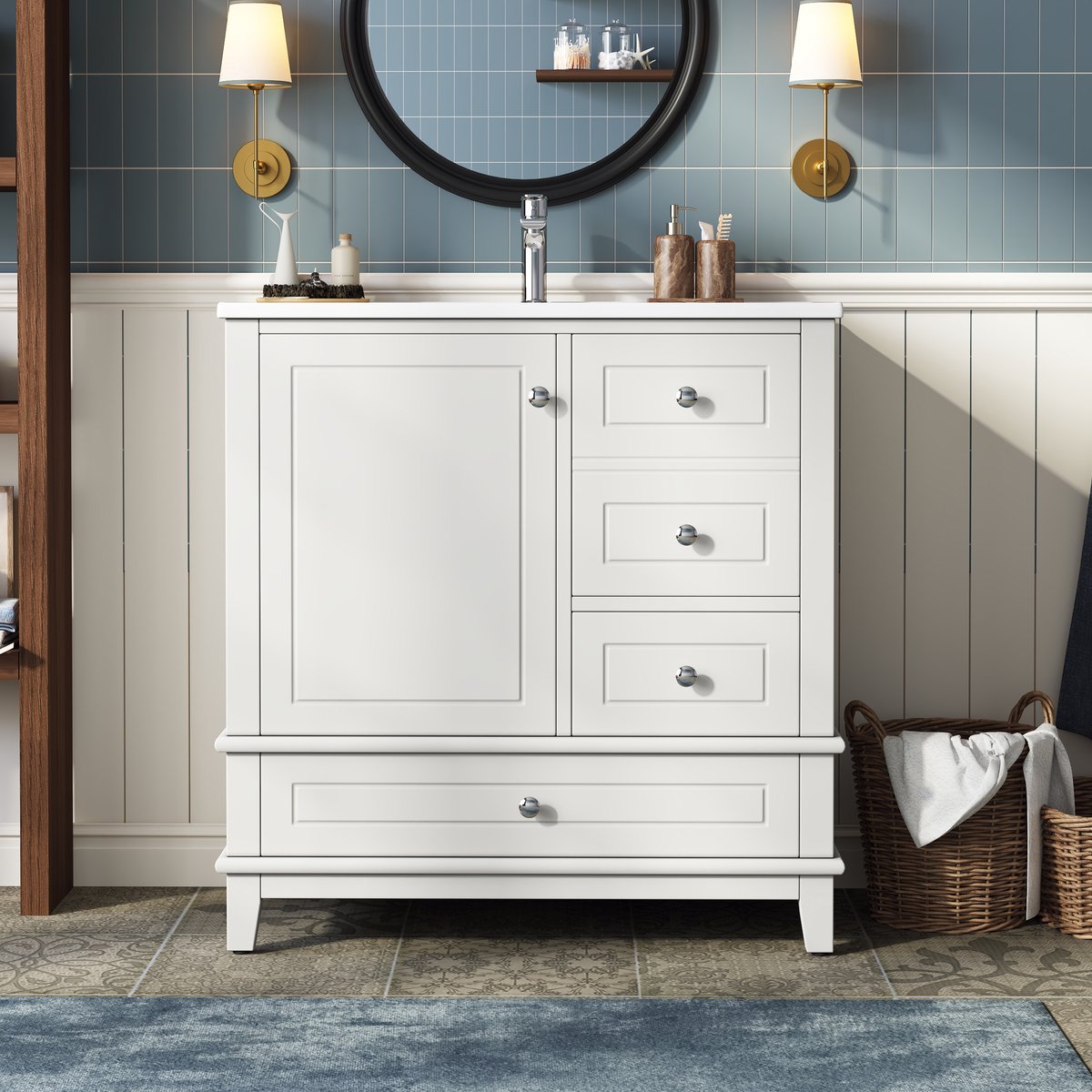 OKWISH Badkamer Wastafelonderkast 81 Cm Hoogglans Wit Met 3 Lades 1 Deur Keramische Wastafel En Opbergruimte Voor Volwassenen