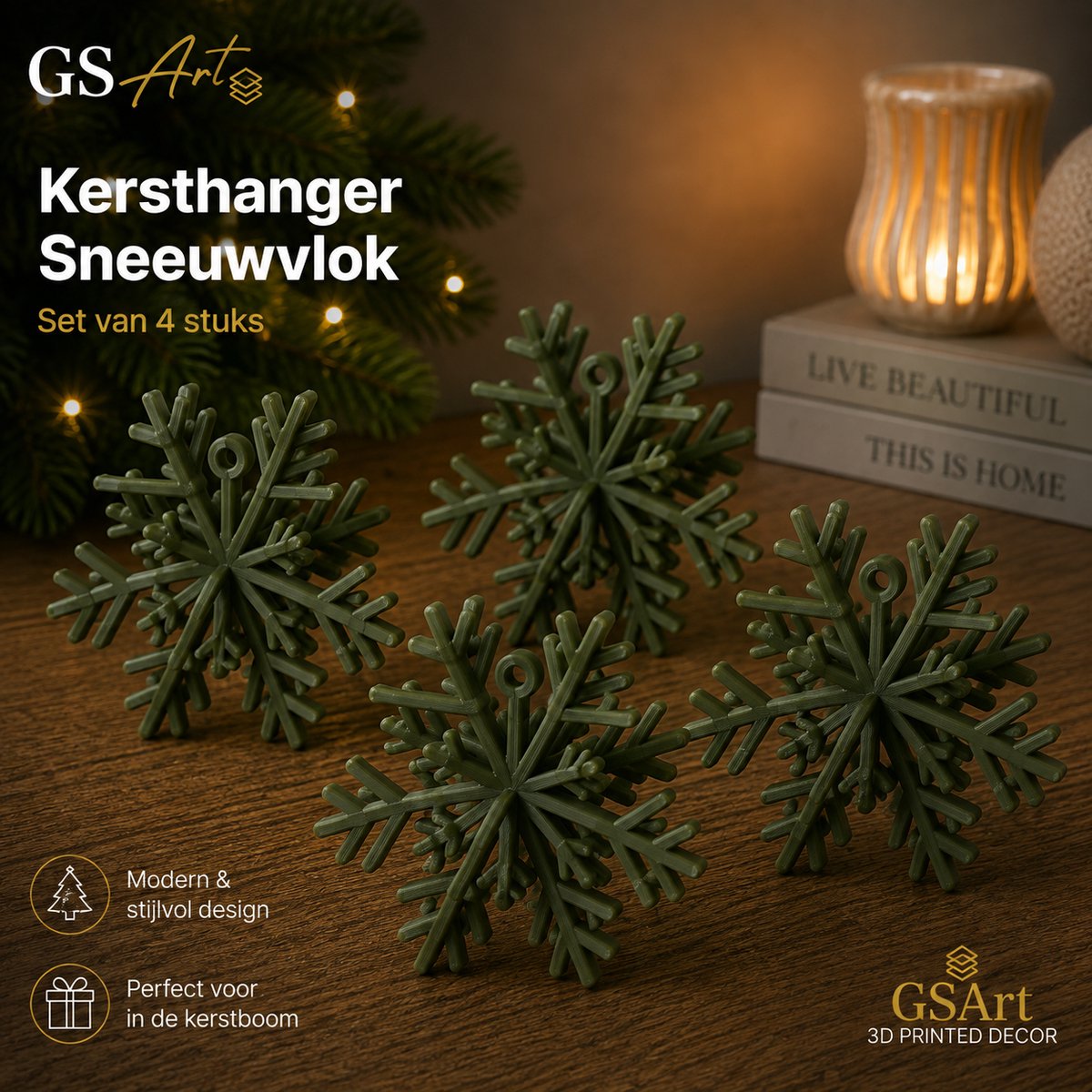 GSArt Kersthangers Sneeuwvlok – Set van 4 stuks - Mat Donker groen