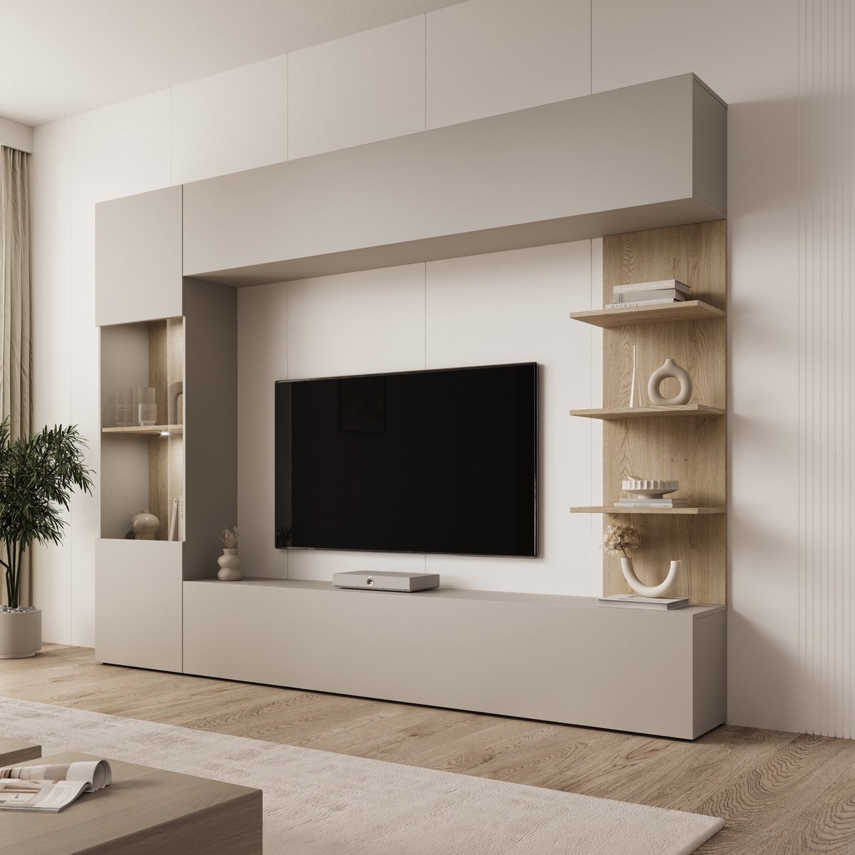 Meubella - Lomezzo - Wandmeubel - Beige/Eikenpatroon - 250x30x187 cm