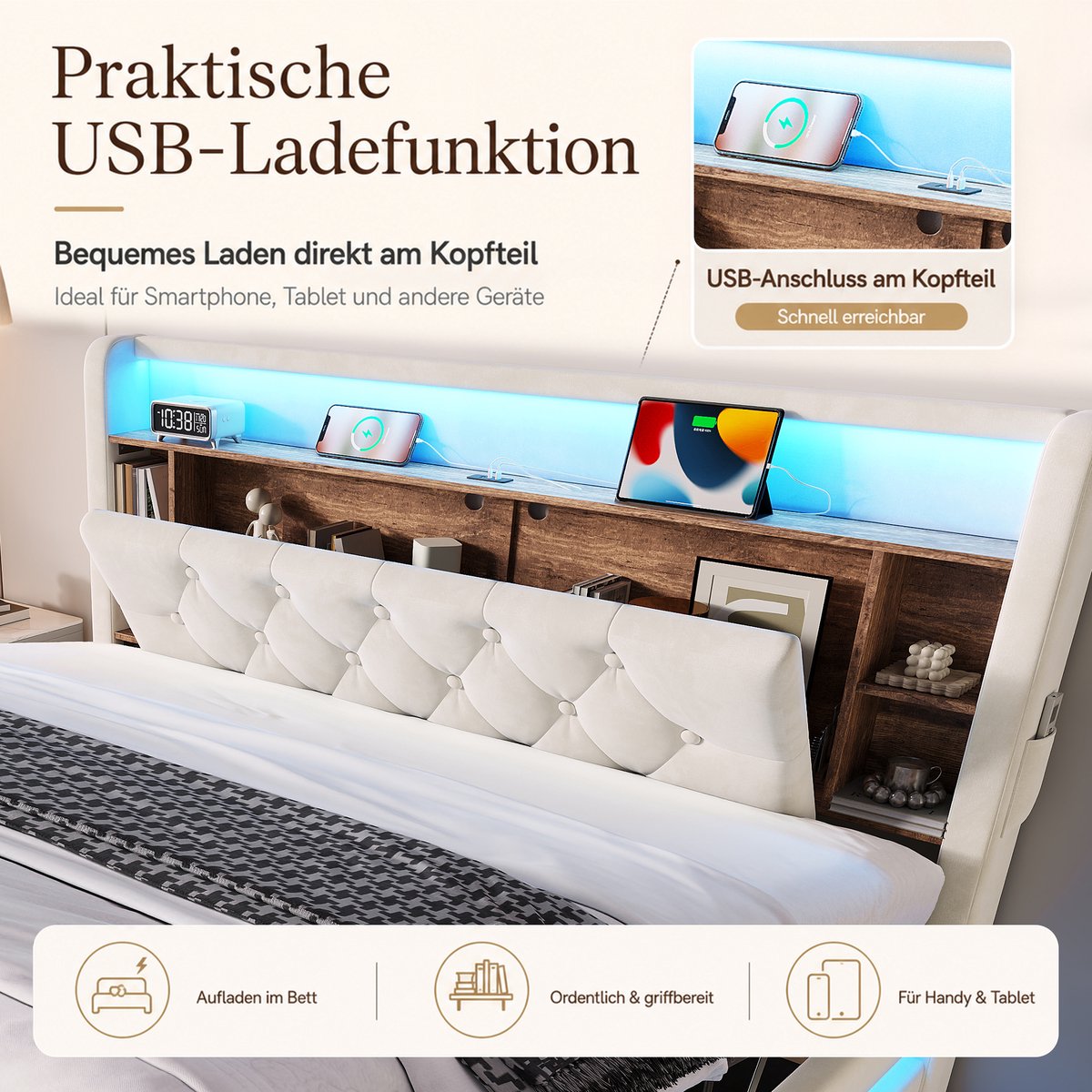 OKWISH Gestoffeerd Bed 160 x 200 cm – Bed met Opbergruimte, LED Verlichting, USB en Type C – Hydraulisch – Met Lattenbodem – Zonder Matras – Beige