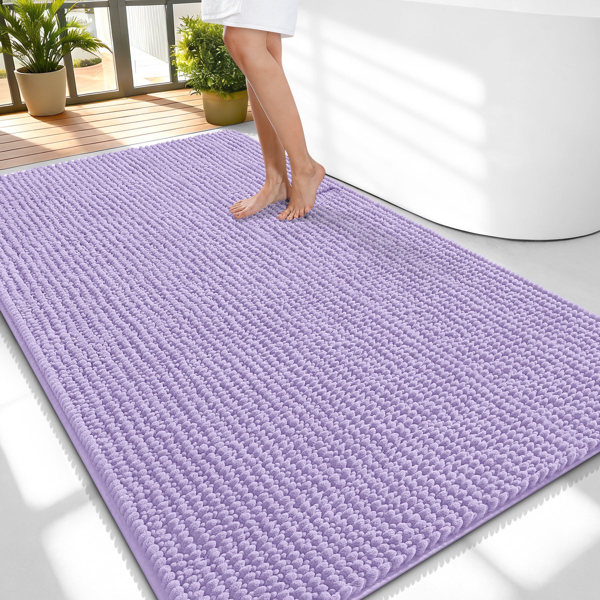 Olanly Badmat Antislip – Chenille Douchemat – Badmat Badkamer – Super Absorberend Deuropmat – Lichtpaars – 89X150cm