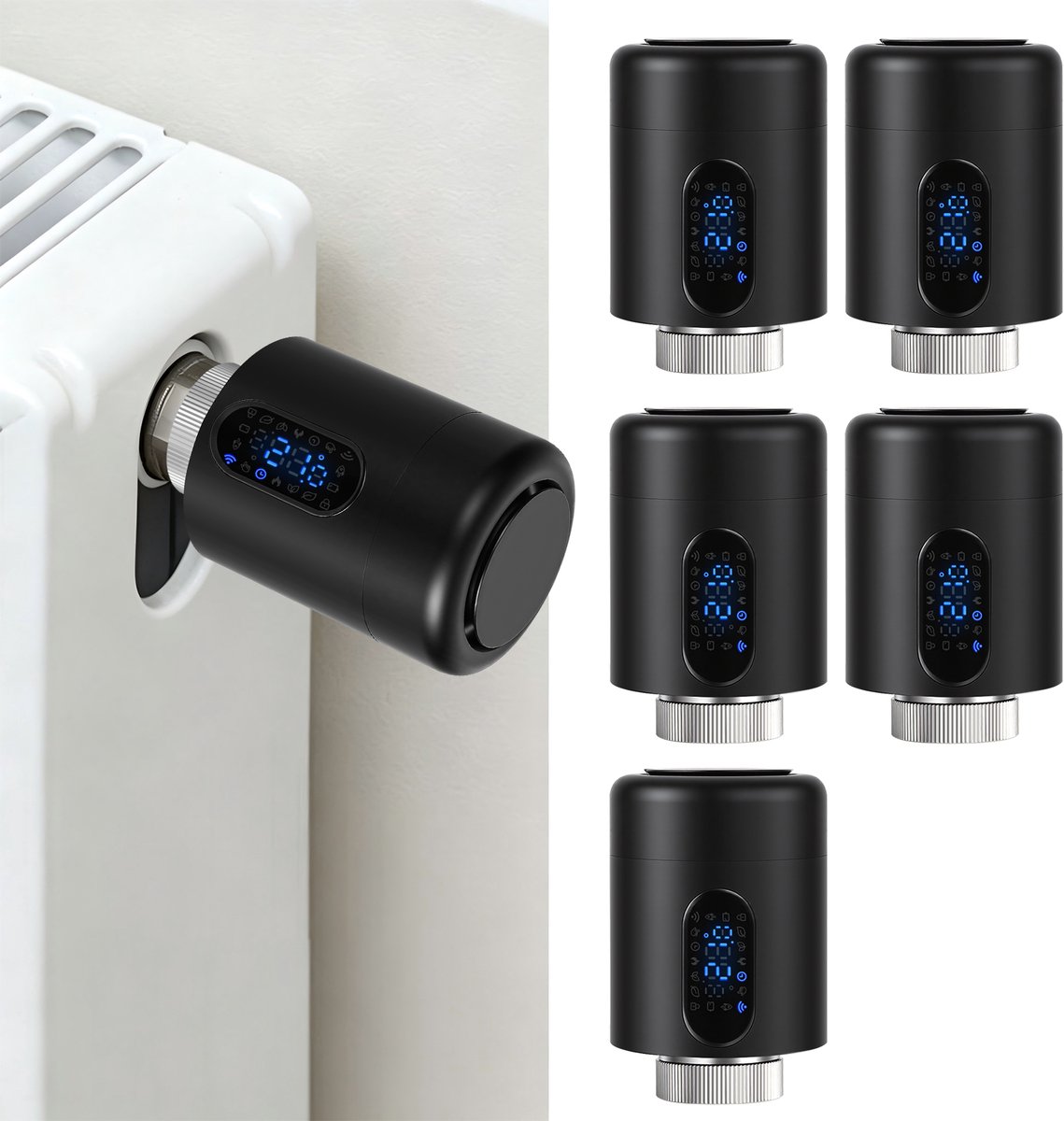 Radiator Thermostaat WiFi – Raamdetectie, Vorstbeveiliging en Kinderslot – Zwart – 5-pack
