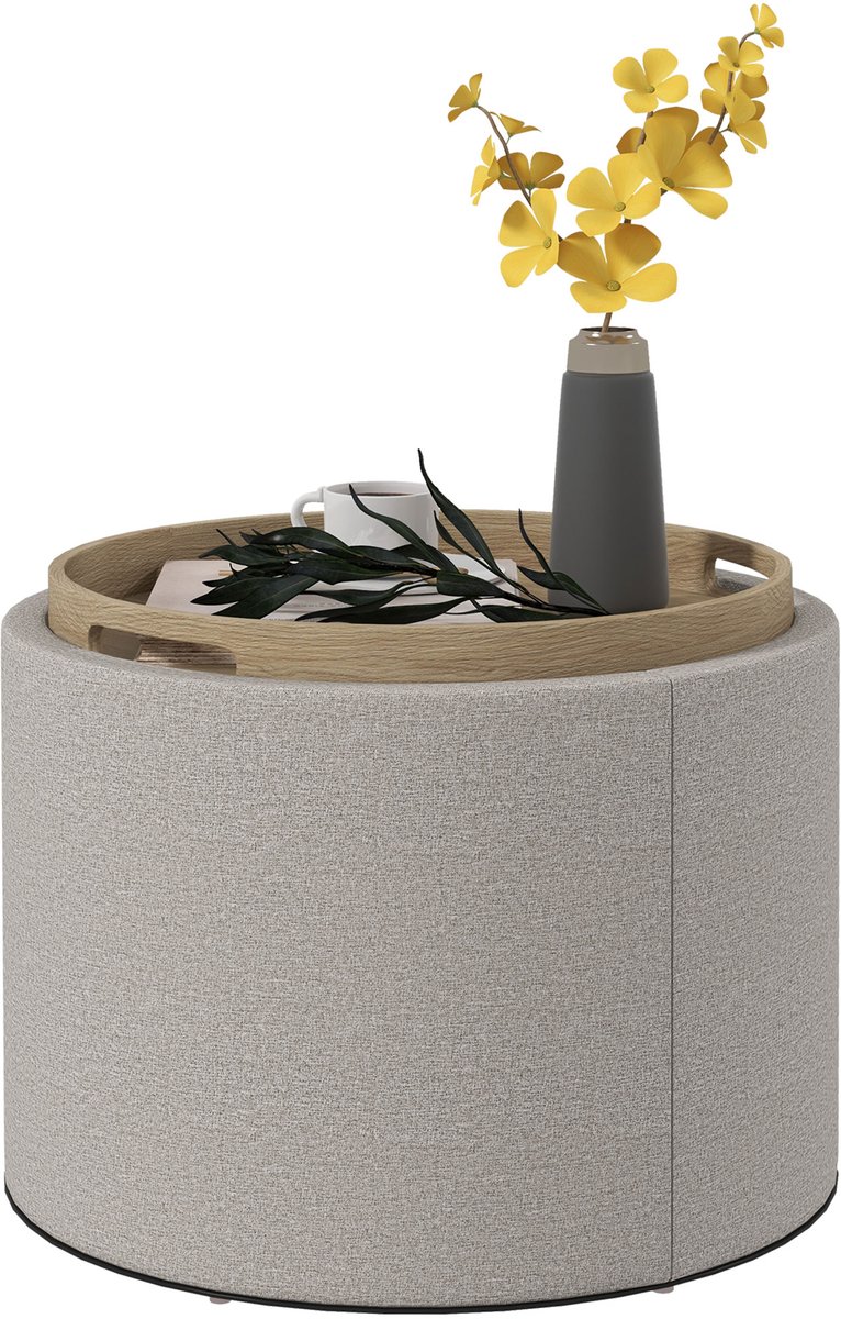 Gestoffeerde kruk - linnen - verborgen opbergruimte - omkeerbaar deksel - 56 cm x 56 cm x 42 cm - lichtgrijs + naturel
