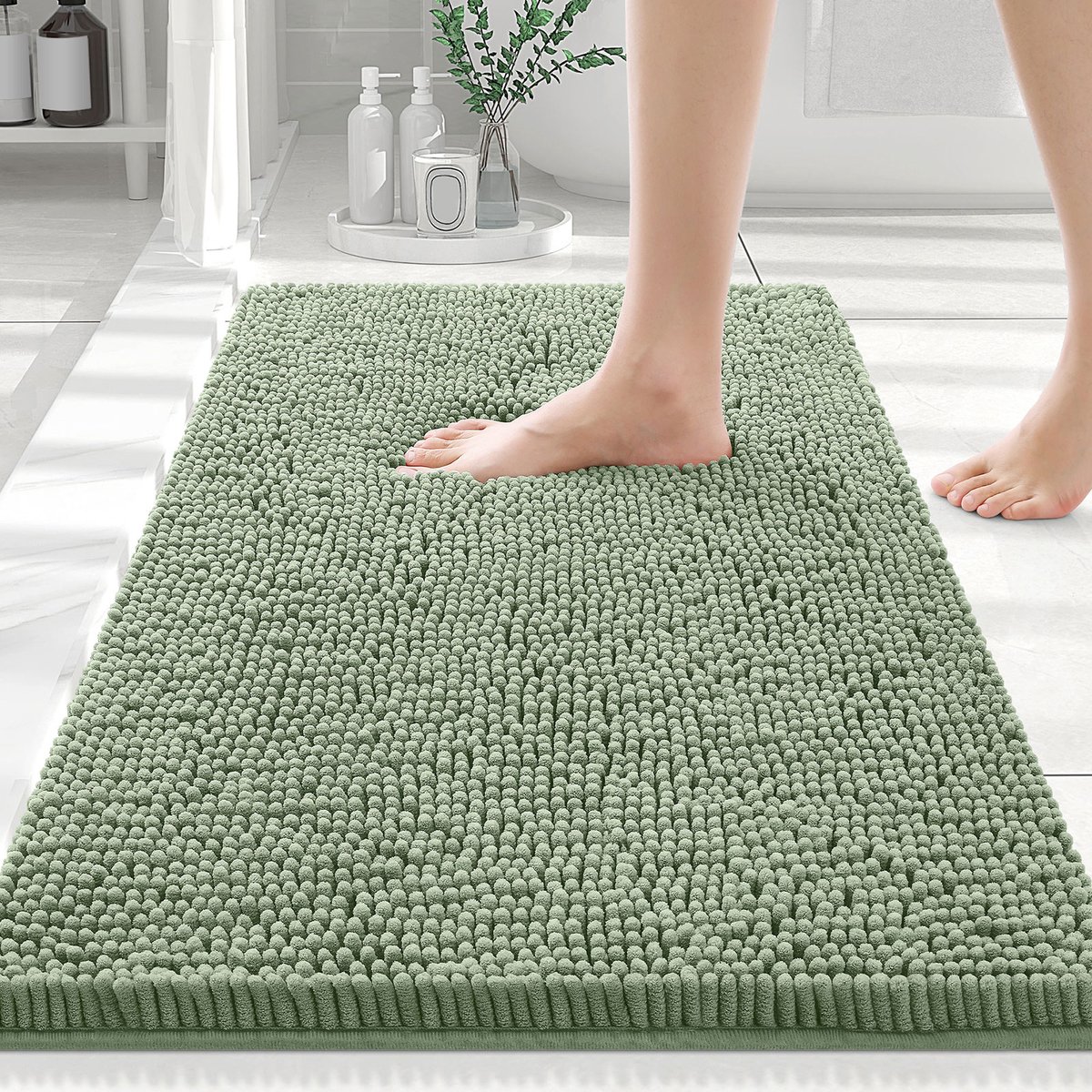 Olanly Badmat Antislip – Chenille Douchemat – Badmat Badkamer – Grasgroen – 51X76cm