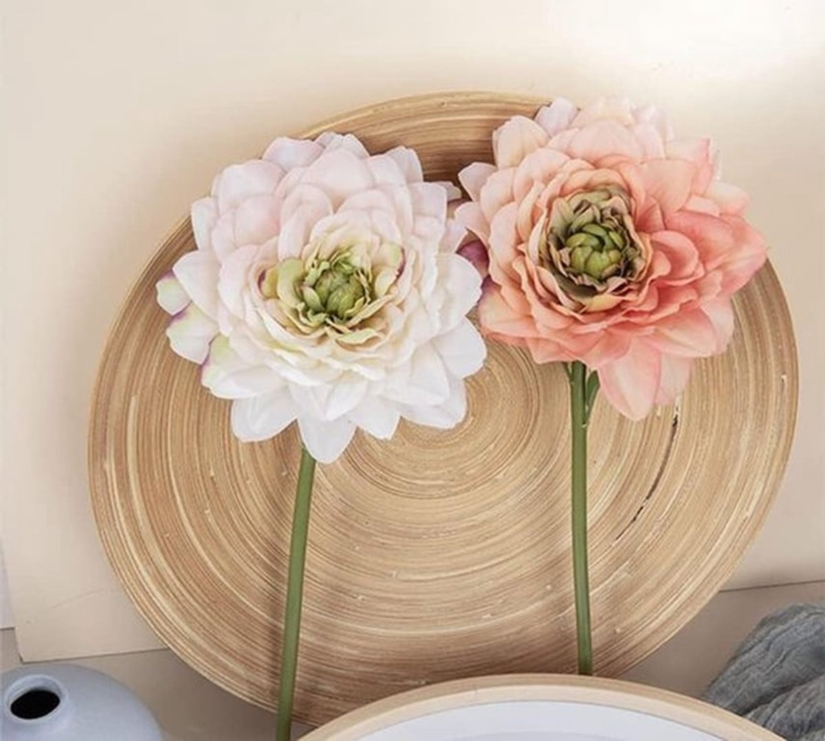 Set van 10 Kunstbloemen met Lange Steel voor Bruiloft en Feestdecoratie - Dahlia in Wit en Roze, 28.5 cm