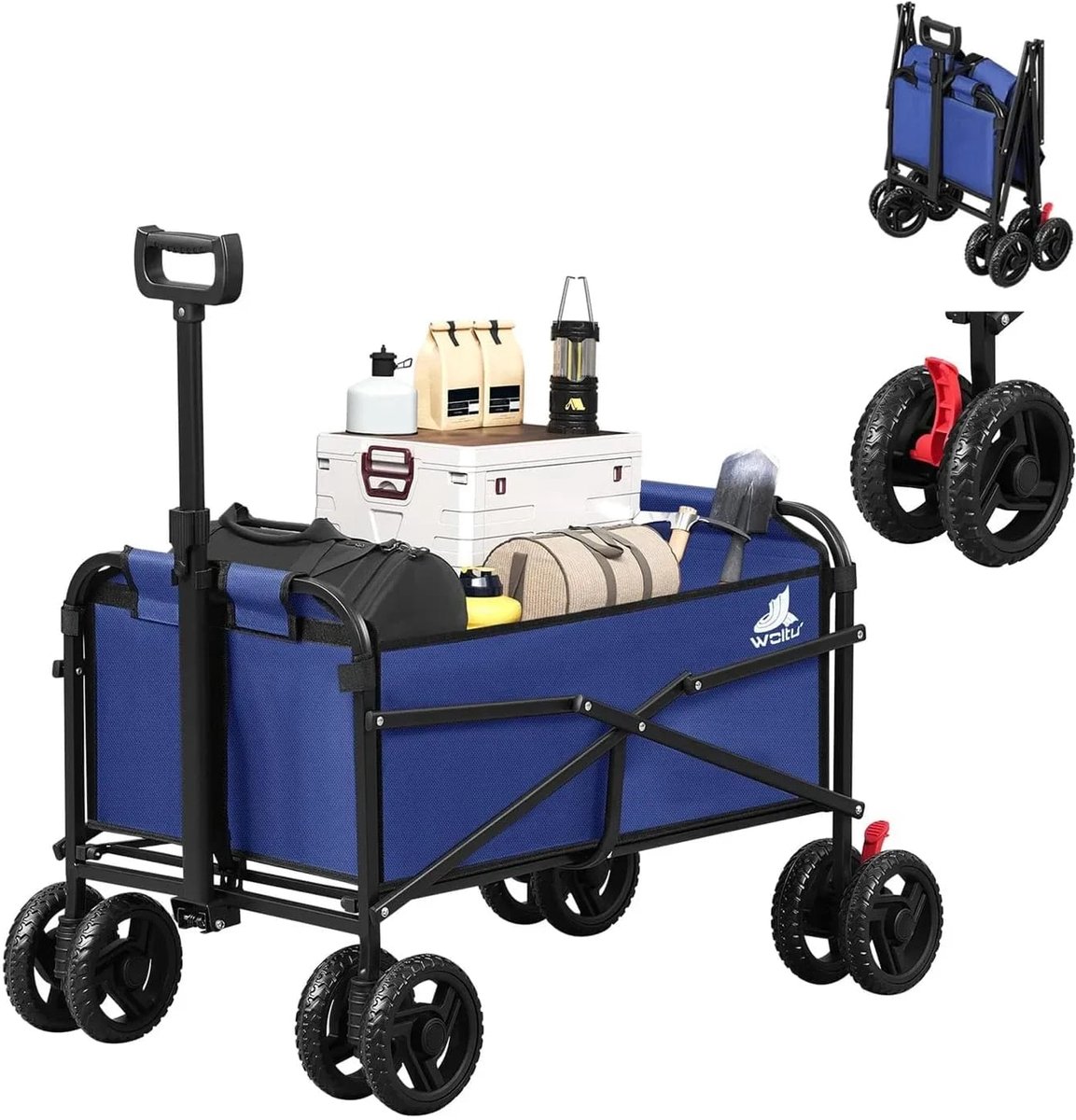 Klarven® Transporttrolley inklapbaar Blauw - Draagvermogen 80 kg, Remmen en terreinwielen - Strand, camping en picknick - B 86 x D 54 x H 93 cm