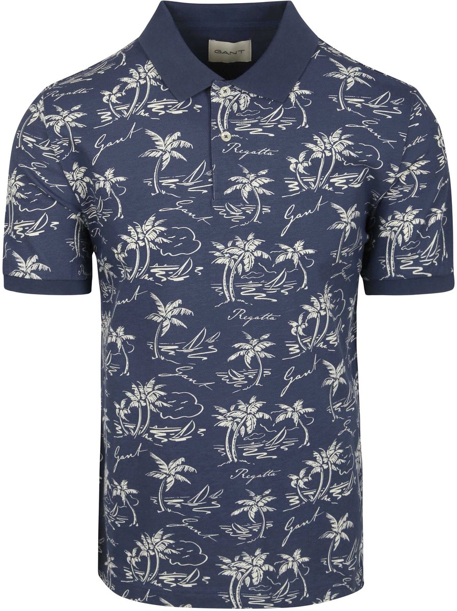 Gant Poloshirt Palm Print Dusty Donkerblauw (navy) - Maat L - Heren