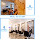 Afbeeldingen tonen een woonkamer met trap en een schoonheidssalon, met tekst 'Multi-inzetbaar'.