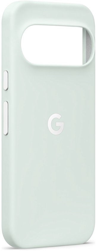 Lichtgroene magnetische telefoonhoes met Google G-logo, zijaanzicht.