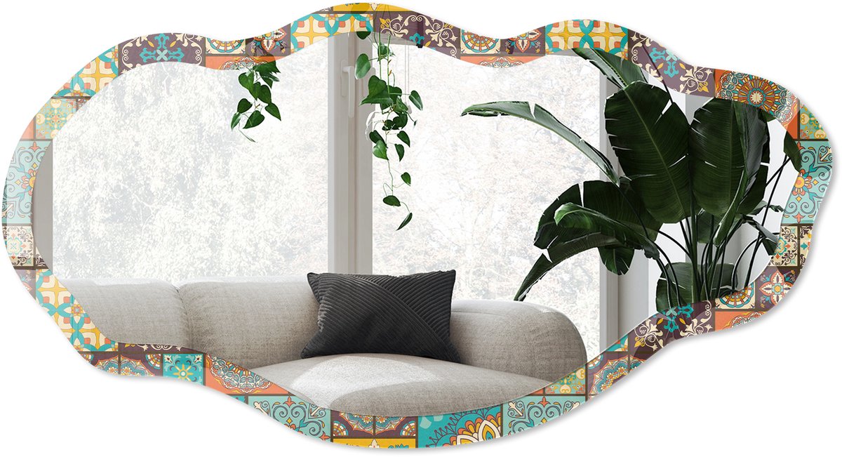 Wallfluent Kleurrijk Mozaïek Spiegel - Turkoois Rechthoekige Spiegel Voor Interieur - Organische Spiegel - Keuken, Woonkamer, Hal - Boho - 45x90 cm - Totale afmeting 52x97 cm