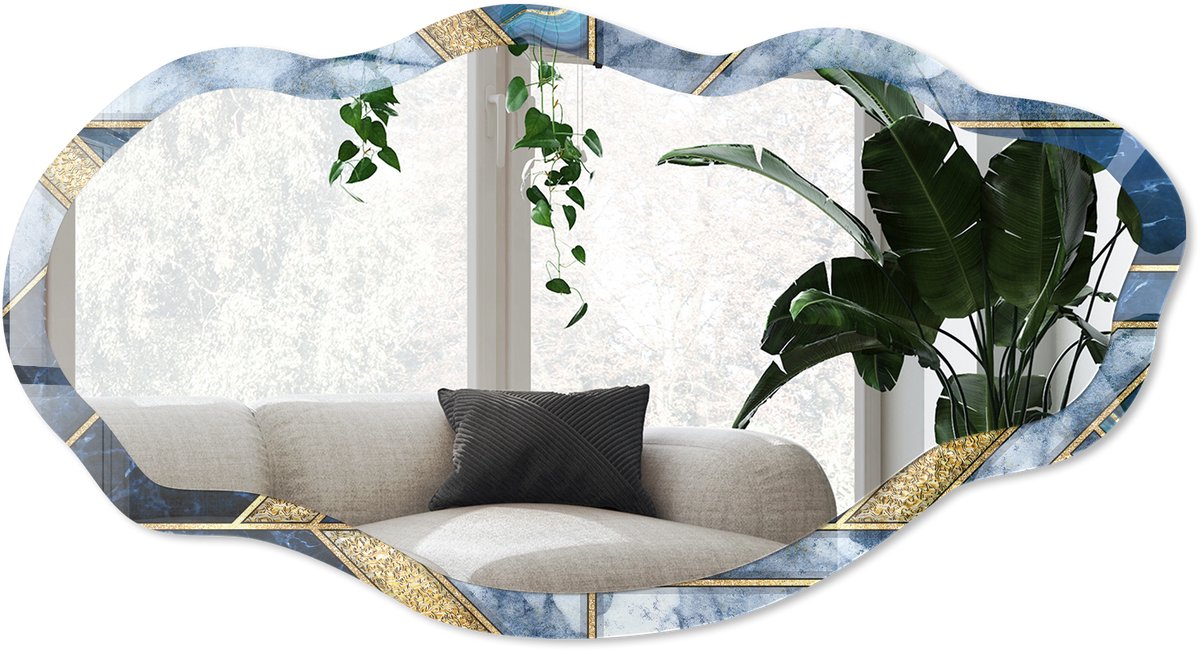 Wallfluent Blauw Mozaïek Spiegel - Blauw Rechthoekige Spiegel Voor Interieur - Organische Spiegel - Woonkamer - Geometrisch - 45x90 cm - Totale afmeting 52x97 cm