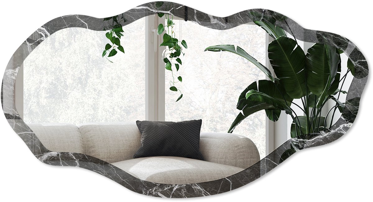 Wallfluent Zwart Marmer Spiegel - Zwart Stijlvolle Wandspiegel - Organische Spiegel - Badkamer, Woonkamer, Kantoor - Modern - 45x90 cm - Totale afmeting 52x97 cm