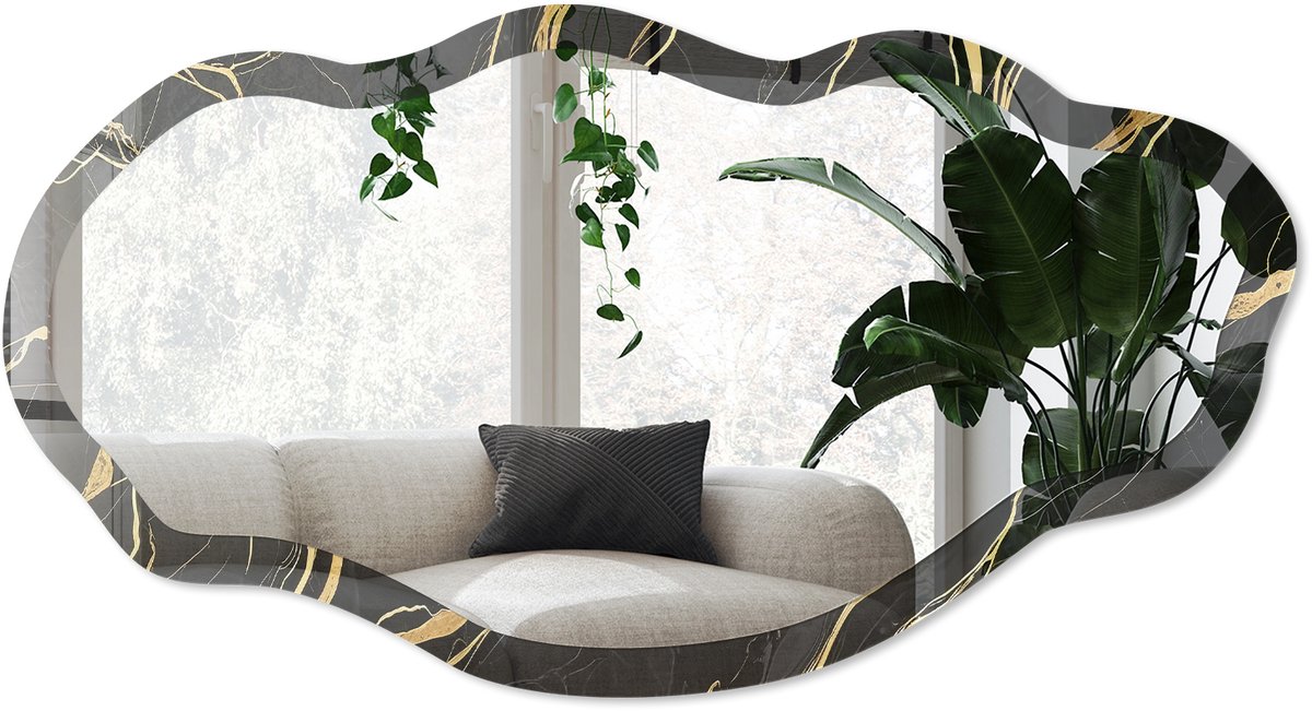 Wallfluent Luxueuze Golven Spiegel - Zwart Rechthoekige Spiegel Voor Interieur - Organische Spiegel - Woonkamer, Kantoor, Slaapkamer - Klassiek - 45x90 cm - Totale afmeting 52x97 cm