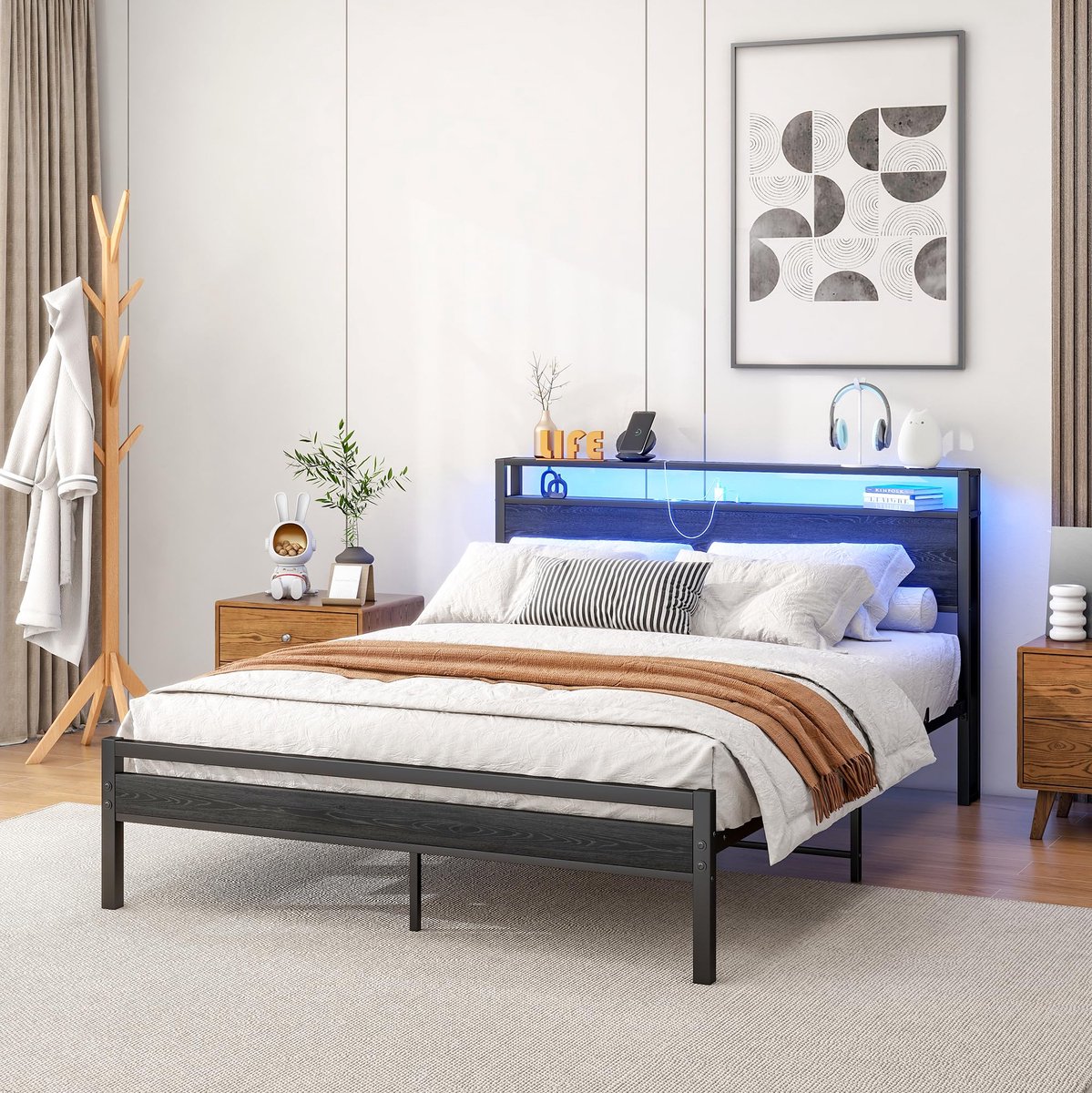 Normaal Bed 140x200 cm Zonder Matras Met Opbergruimte En Ledverlichting Bed Met Type C Oplaadfunctie En Hoofdbordvak Voor Jeugd En Gasten Zwart