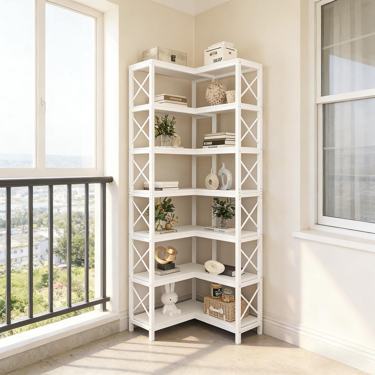 Wishdor Hoekboekenkast - Open kast met 7 niveaus - 14 vakken - Scandinavisch en industrieel - Hoekmodel voor boeken en decoratie - Metaal en hout - Wit - 117 x 24 x 200 cm