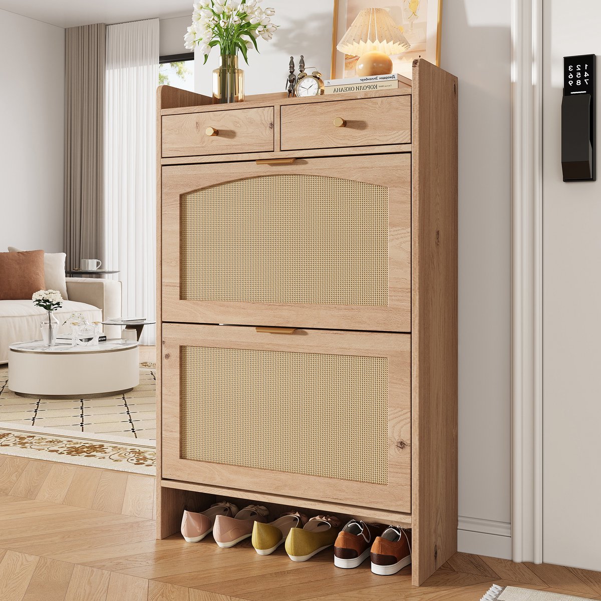 OKWISH Schoenenkast Met Rietlook Dubbeldelen 2 Laden Multifunctionele Opbergruimte Voor Hal En Entree Natuurlijk Houtlook 65 X 25 X 106 Cm