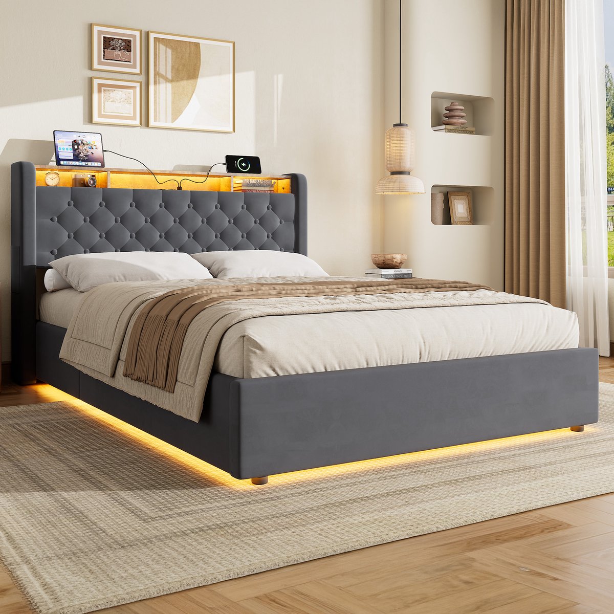 MEUNIQ Gestoffeerd opbergbed 140x200 cm met hydraulische opbergruimte, LED-verlichting, USB-A/USB-C en hoofdbordplank, grijs