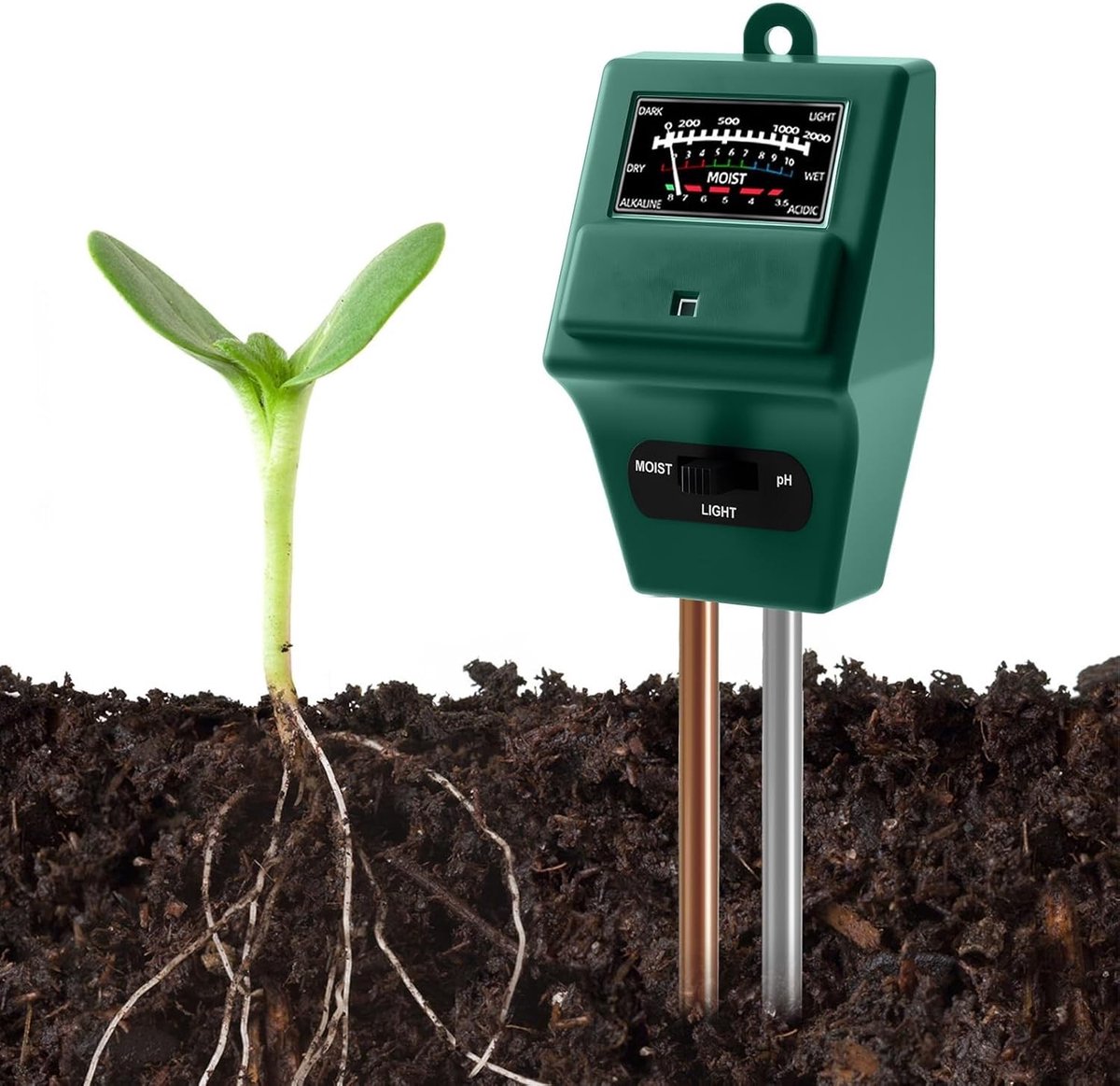 Bodemtester - Groen - 10 x 1 x 1 cm - 3-in-1 Bodemvochtigheidsmeter en pH-tester - Voor Planten