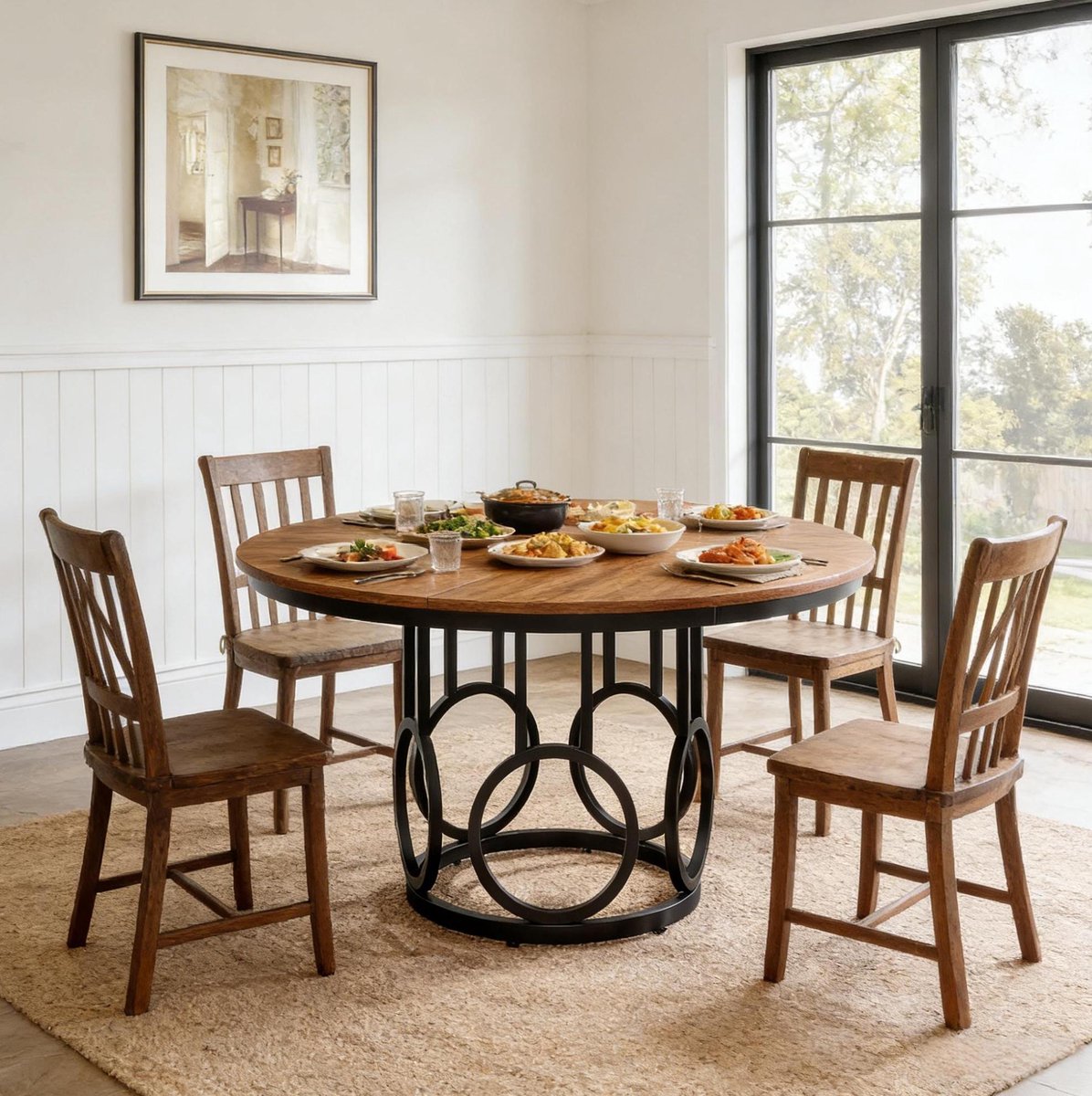 OKWISH Eettafel - Ronde 120 Cm - 4 Tot 6 Personen - Zwart Metalen Onderstel - MDF Tafelblad - Industrieel - Bruin Zwart