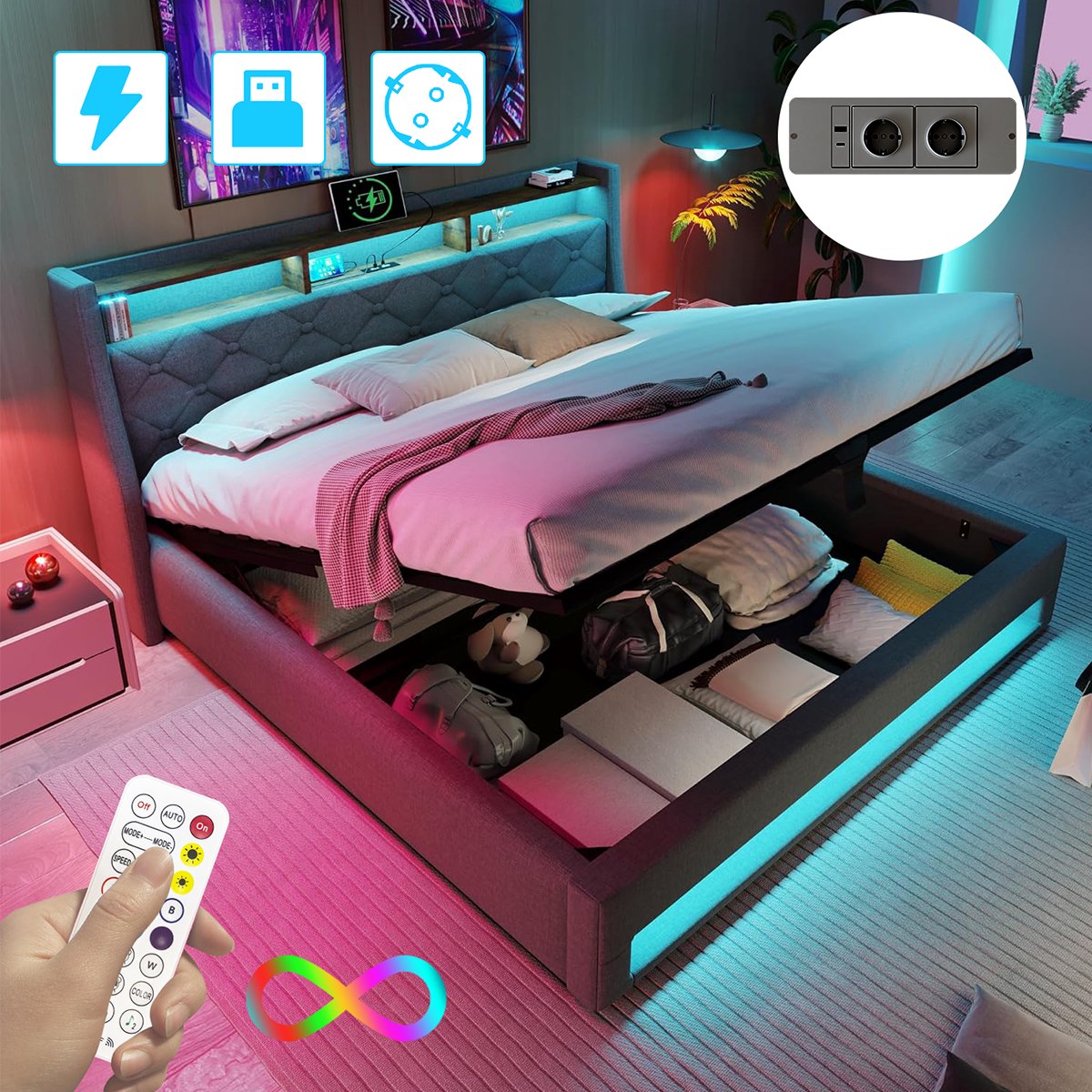 Mihtrov Linnen Gestoffeerd Bed 180x200 cm - Met Hydraulische Hendel - Opbergbed - Jongerenbed - Jeugdbed - Tweepersoonsbed - Opbergruimte - Bedframe met Led Verlichting - Met Stopcontacten - USB -Type C - Eenvoudige Montage - Grijs