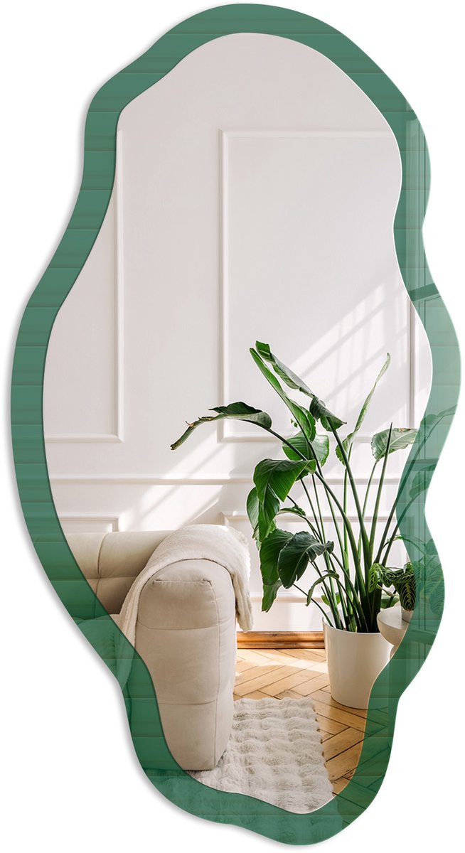Coloray Groene Strepen Spiegel - Groen Stijlvolle Wandspiegel - Organische Spiegel - Woonkamer, Kantoor, Slaapkamer - Rustiek - 45x90 cm - Totale afmeting 52x97 cm