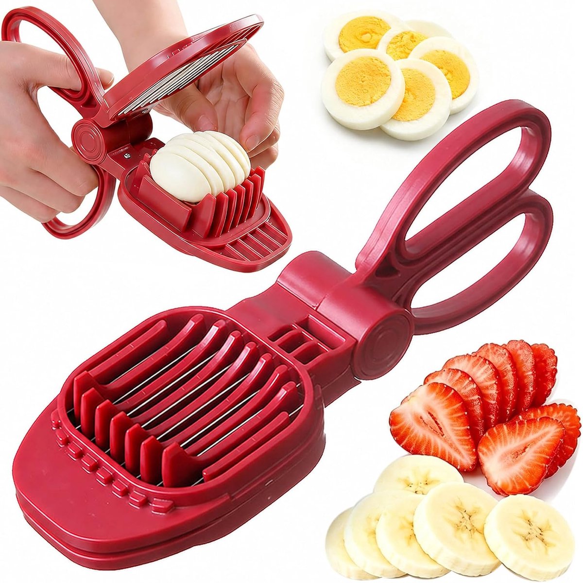 Multifunctionele snijder - roestvrijstalen 304-bladen - voor gelijkmatige plakjes - voor eieren en fruit - keukensnijgereedschap - voor thuiskeukens - rood - groot - 1 stuk