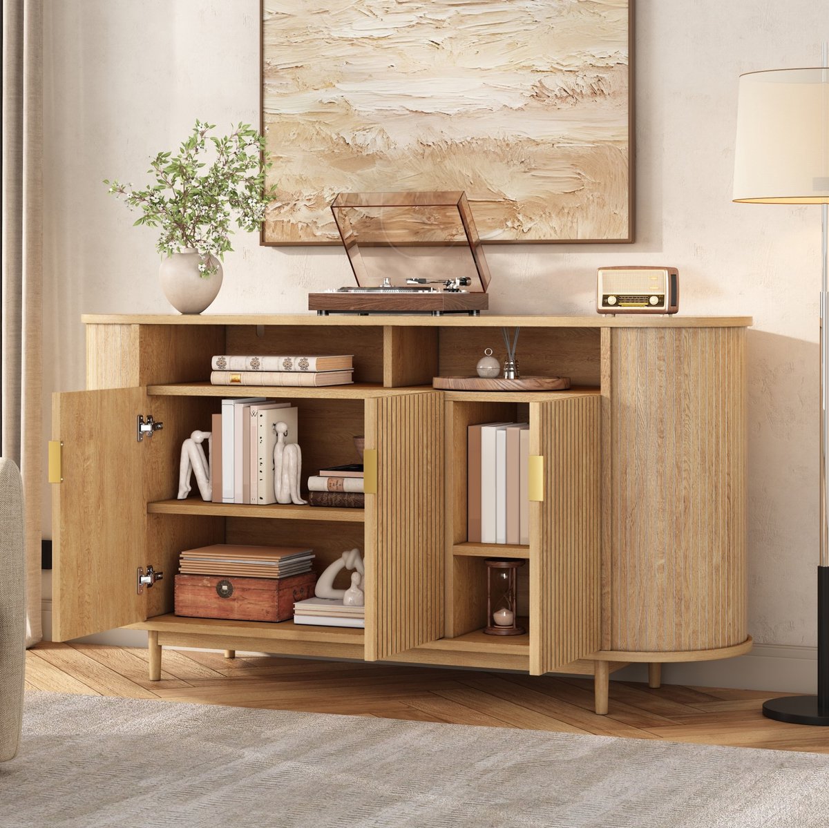 FloraGrace Dressoir - Modern Design Met Drie Deuren En Verticale Lijnen - Voor Woonkamer, Eetkamer En Hal - Hout - Naturel - 140x40x78 Cm