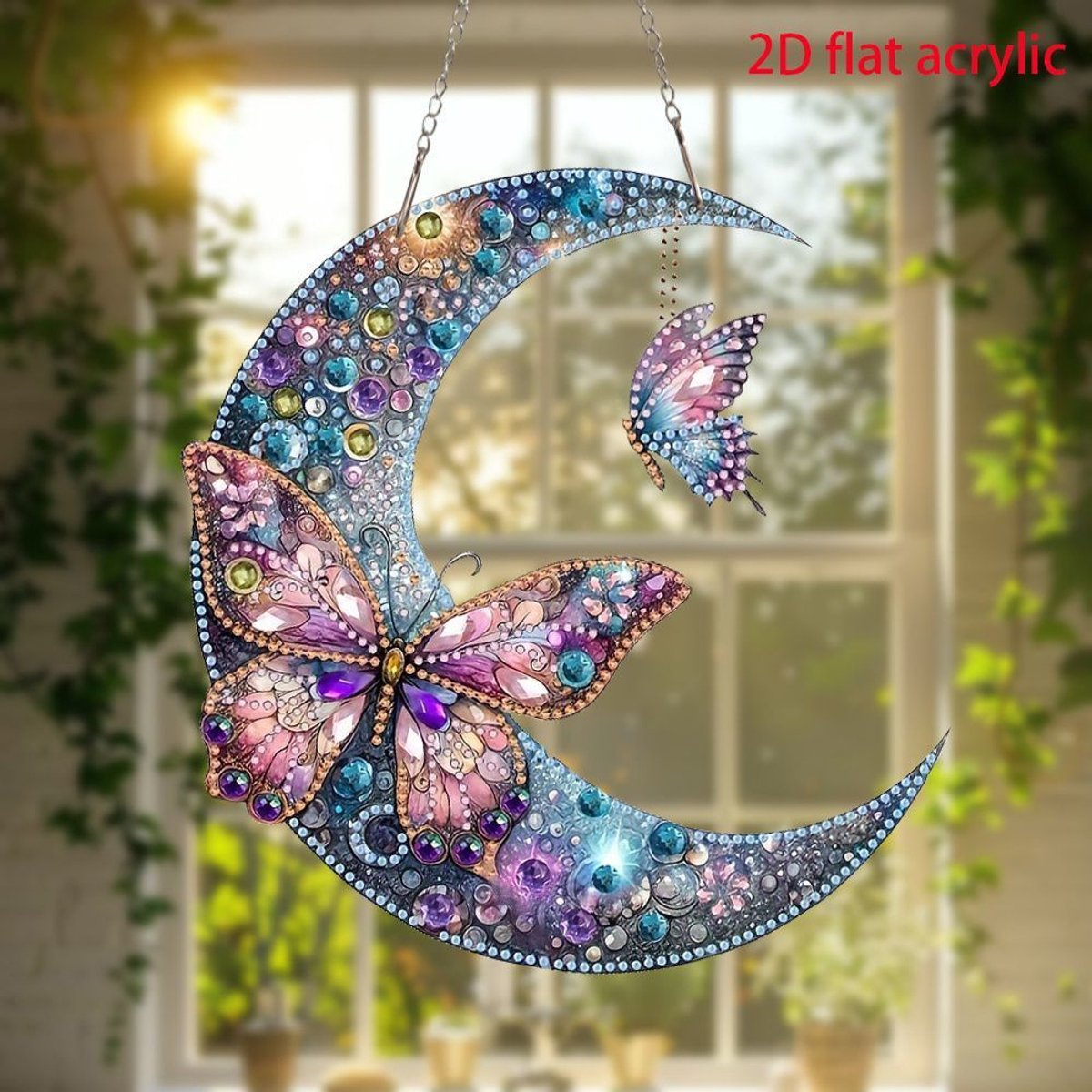 DIY Diamond Painting Maan Vlinder Hangornament - 24x24cm, 2D Plat Acryl, Knutselpakket voor Wand‑ en Raamdecoratie