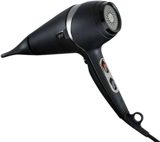 Zwarte ghd föhn met zilverkleurige accenten rond de monding en knoppen. Het logo is zichtbaar op het handvat.