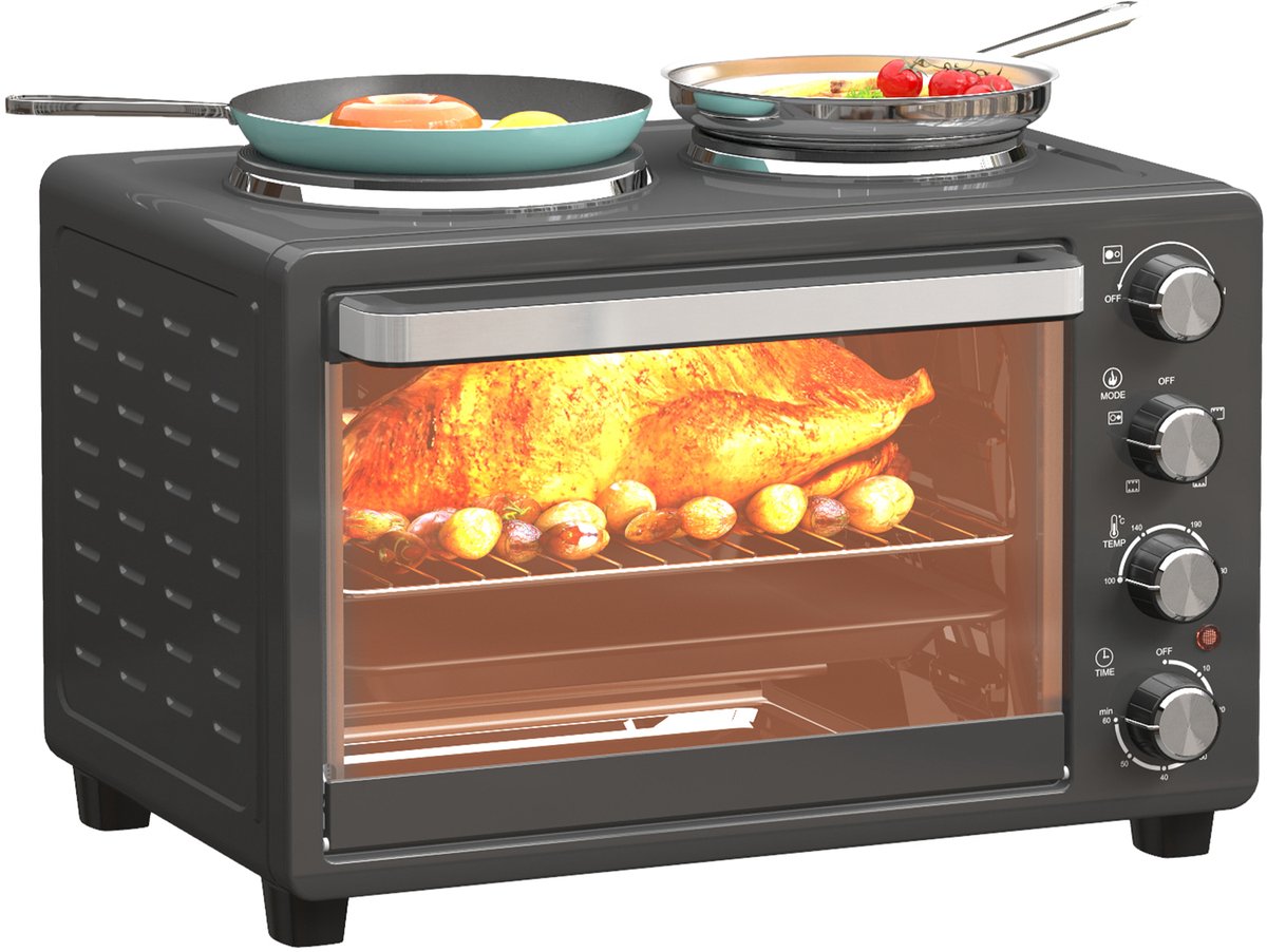 TEKROA® 28L broodroosteroven - compacte oven voor koken en grillen - elektrische oven met bakplaat, grillrooster - 2600W - zwart