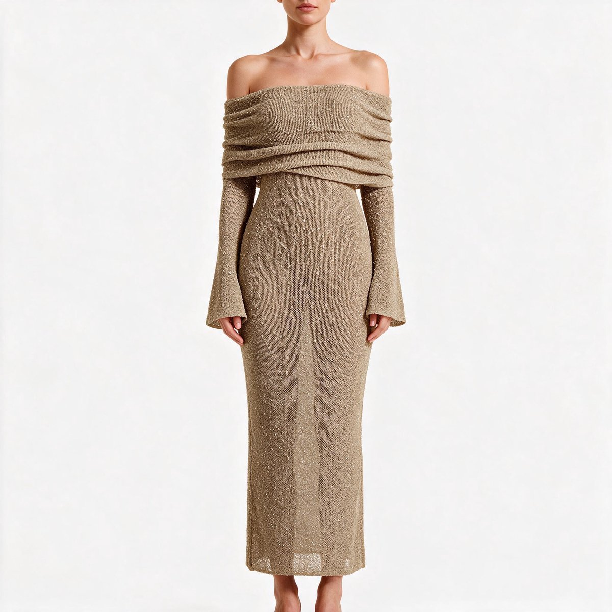 Imily Bela Dames Off Shoulder Gebreide Maxi Jurk met Lange Mouwen