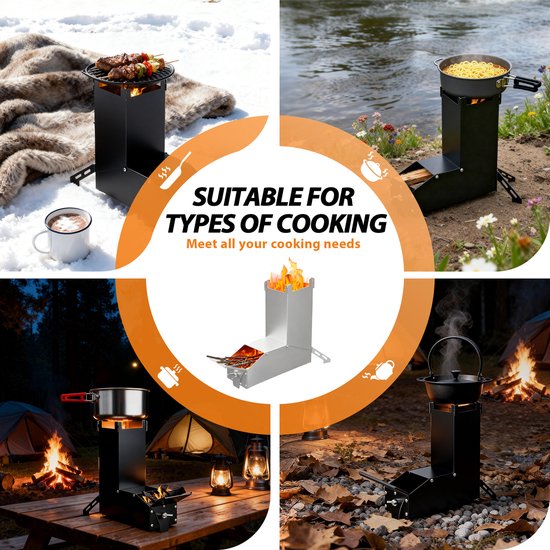 Froadp 2er Rocket Stove RVS vuurschaal open haard - Draagbare kampeerhoutkachel, kampeerkachel met tas, kampeerkachel en terraskachel. Campinggrill voor BBQ, wandelen, tuin, zwart — afbeelding 3