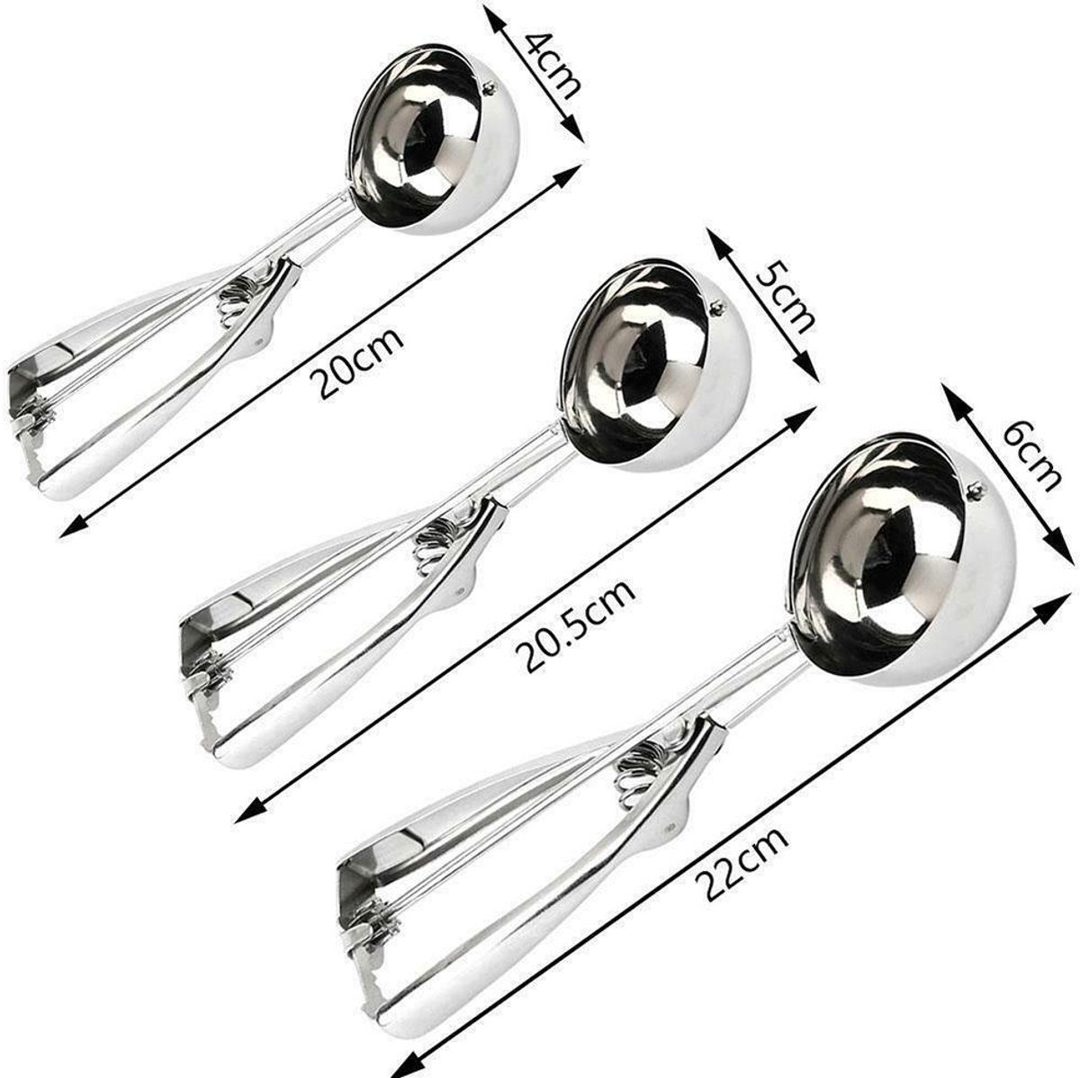 3x IJsschep - IJslepel - Bolletjestang - IJsbolletjes lepel - Bolletjes scheppen - Dessertlepel - Keukengerei - Ice cream scoop - RVS - 4 cm / 5 cm / 6 cm - Jonyx