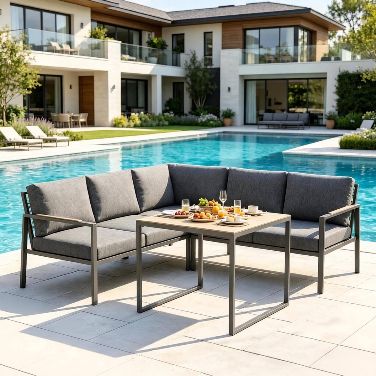 STILVORA Hoek Loungeset 5 Personen - L Vormig Met Tafel En Kussens - Voor Tuin En Terras - Metaal En Polyester - Donkergrijs