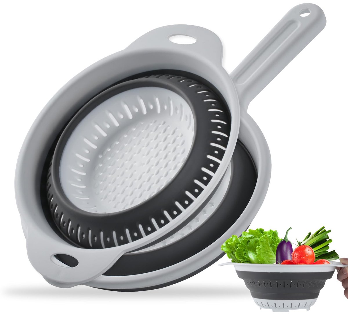 Famanu – Set van 2 vouwbare vergieten, siliconen zeef voor pasta en fruit, handig en ruimtebesparend