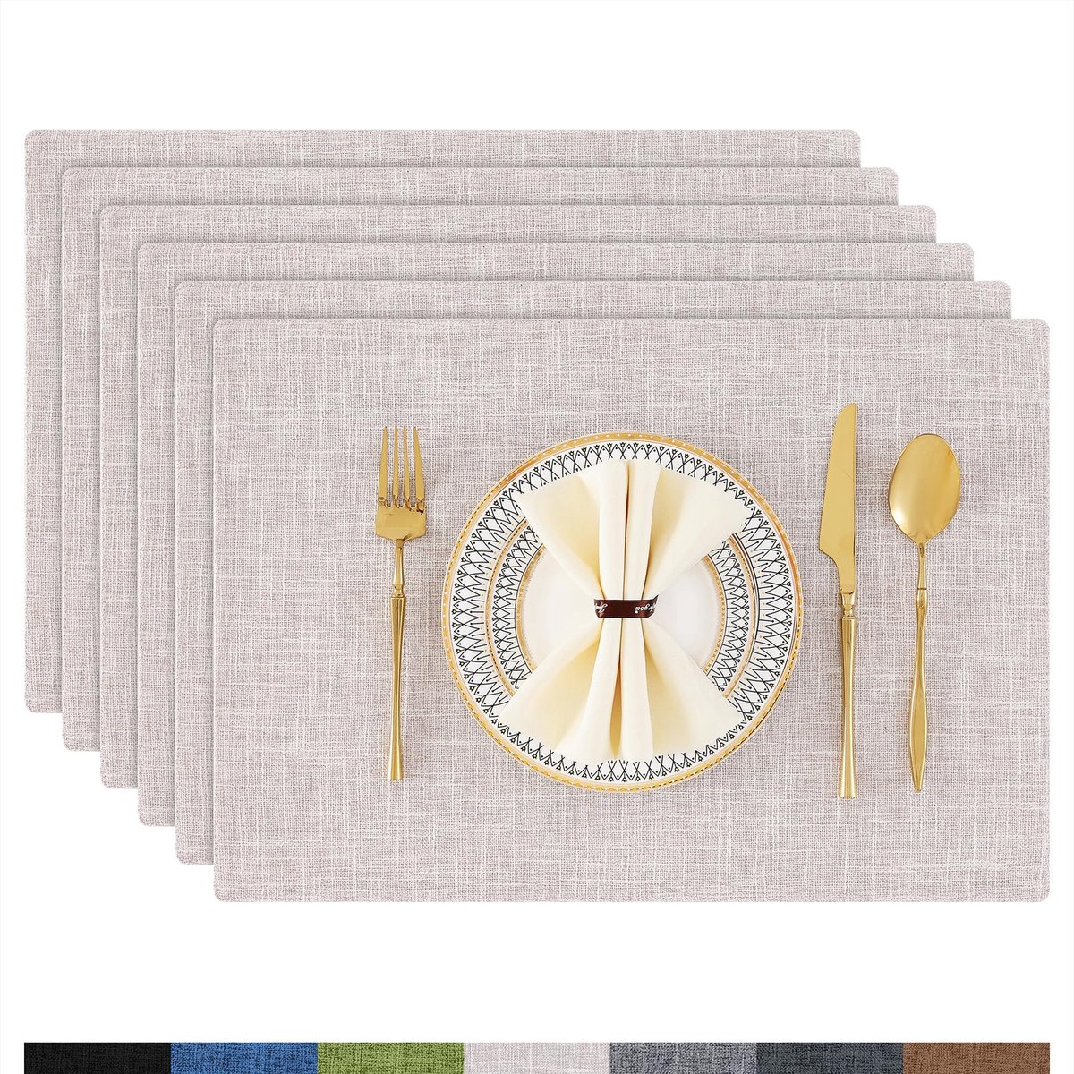 Famanu – Set van 6 afwasbare placemats van linnen, hittebestendige en antislip dubbelzijdige tafelonderzetters, stof in beige