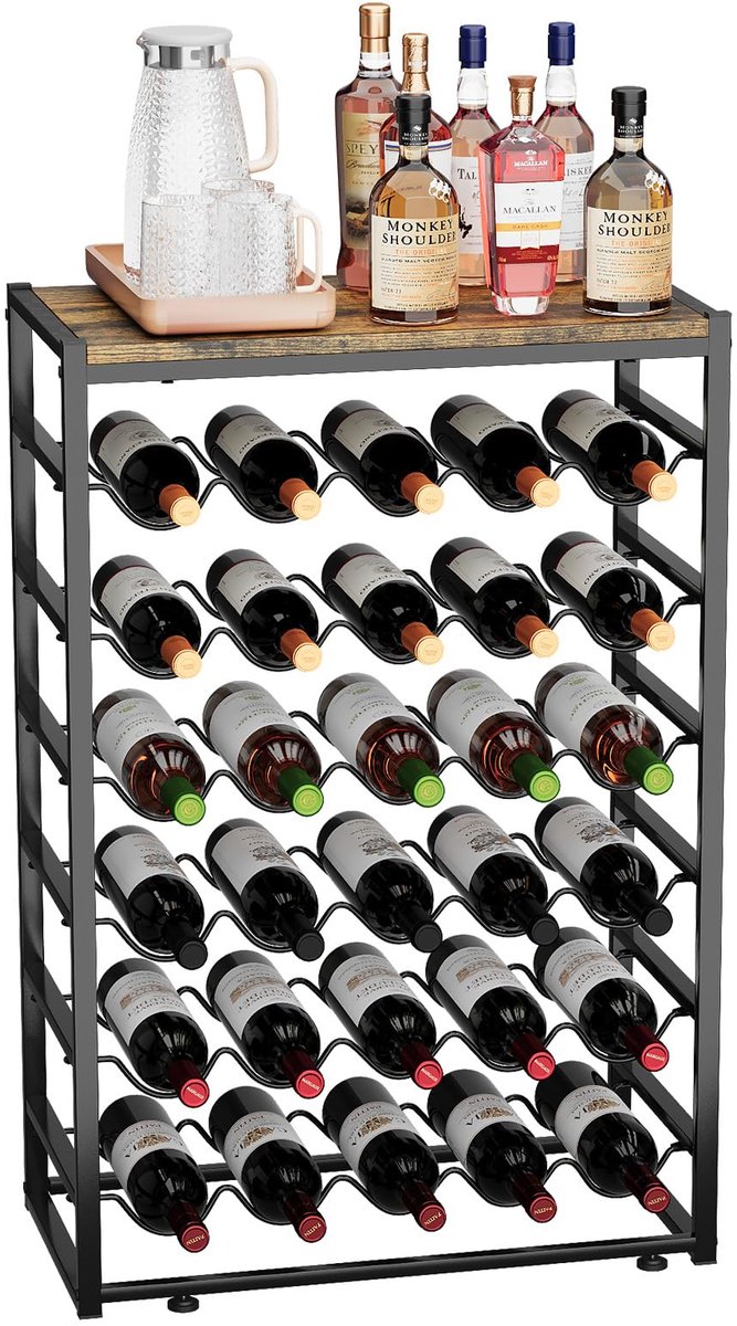 Famanu – Wijnrek voor 30 flessen, staand flessenrek met houten tafelblad, zwart metaal, geschikt voor keuken, bar, kelder en eetkamer, 59 x 30 x 89 cm