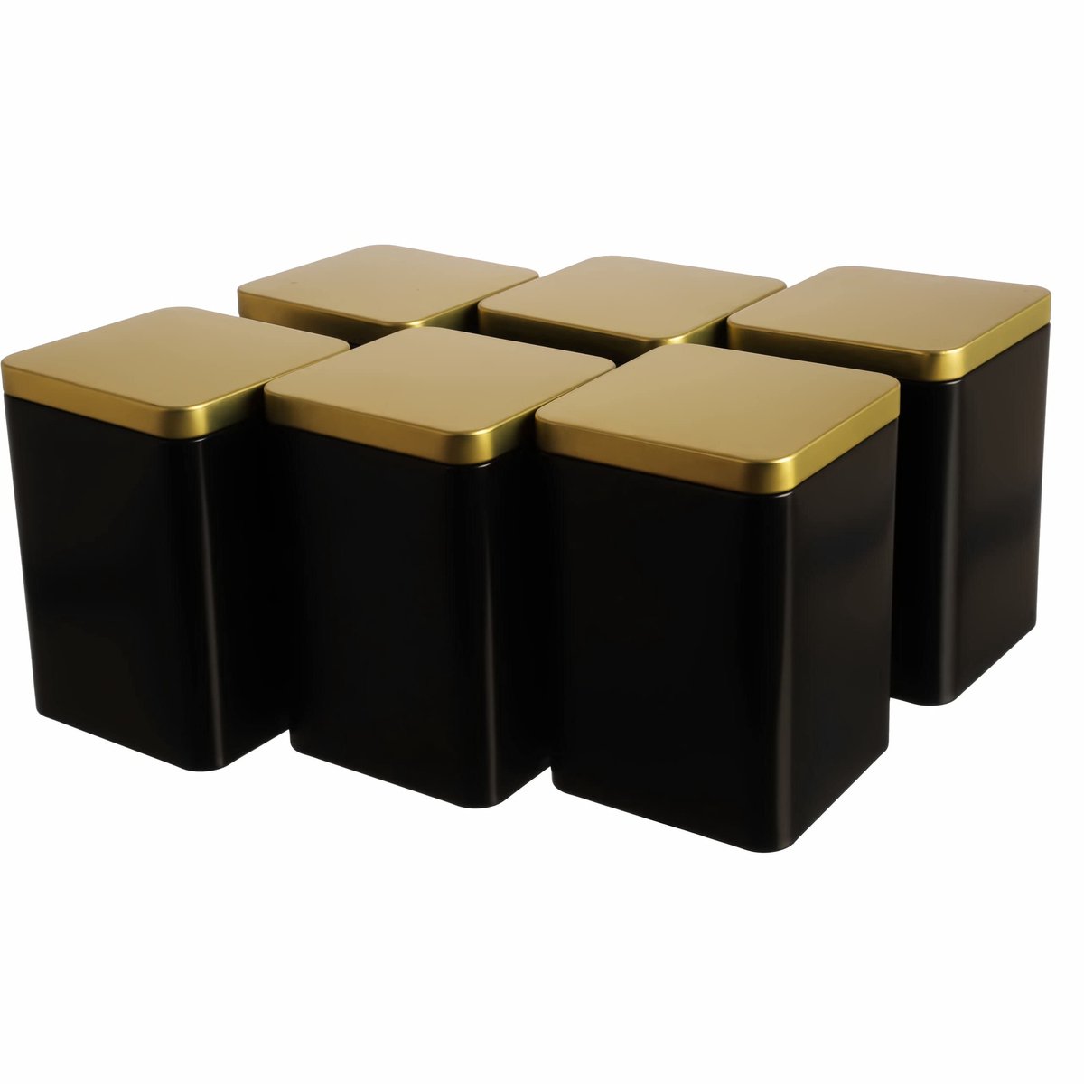 Famanu – Set van 6 edele hoekige voorraadpotten/theebussen, aromabestendig metaal voor 240g per stuk, zwartgoud, ideaal voor specerijen