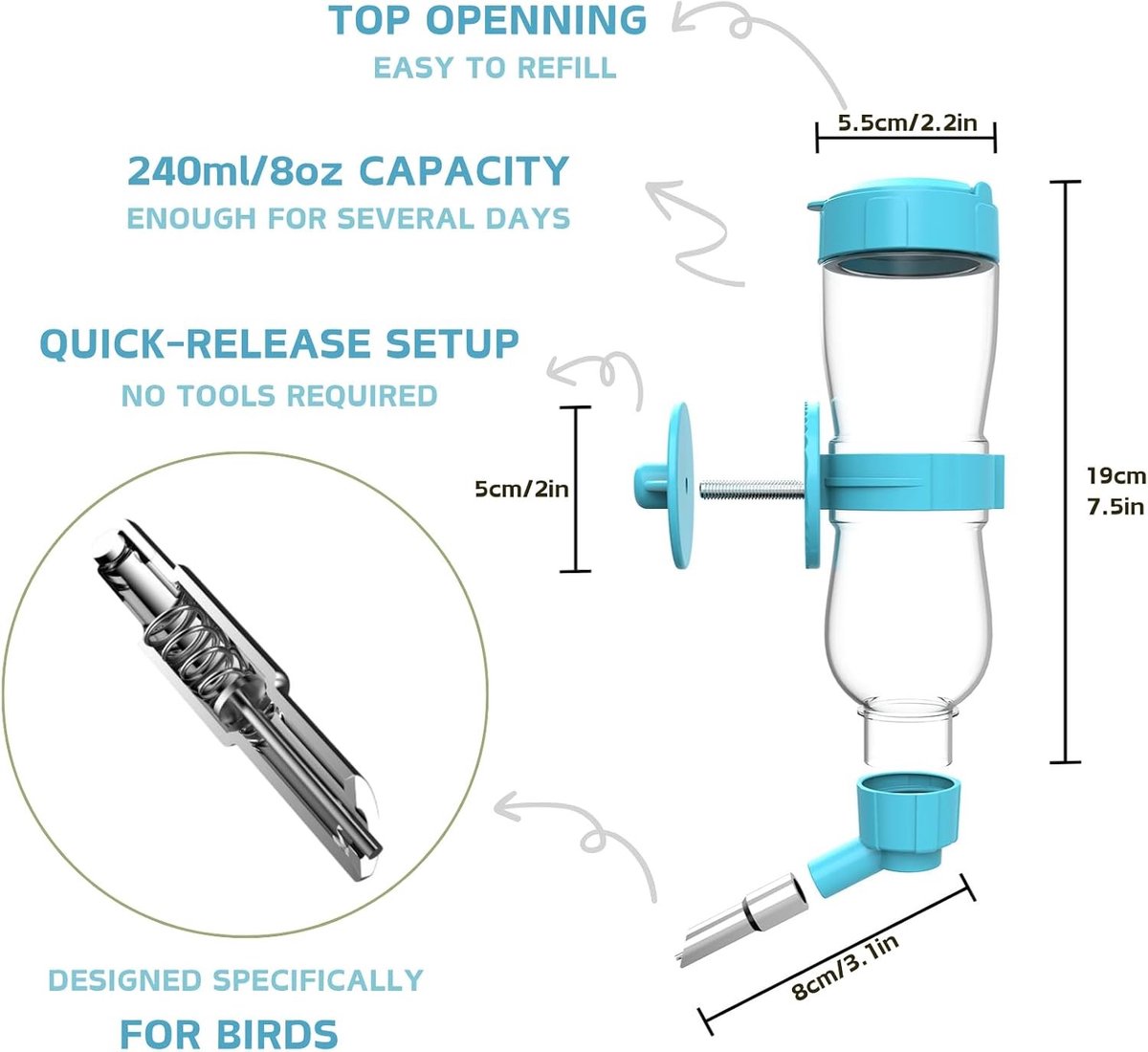 Vogelwatervoeder - Blauw - 240 ml - Automatische Waterdispenser voor Kleine Vogels en Knaagdieren
