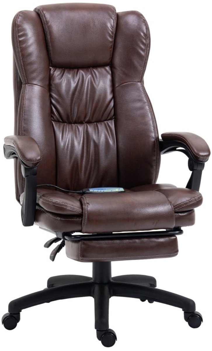 REDOM - Bureaustoel met hoofdsteun en voetsteun - 6 massagepunten - Verstelbare rugleuning tot 135° - Ergonomische armleuningen - Kunstleer - Bruin - 68,5 x 68,5 x 113-121 cm
