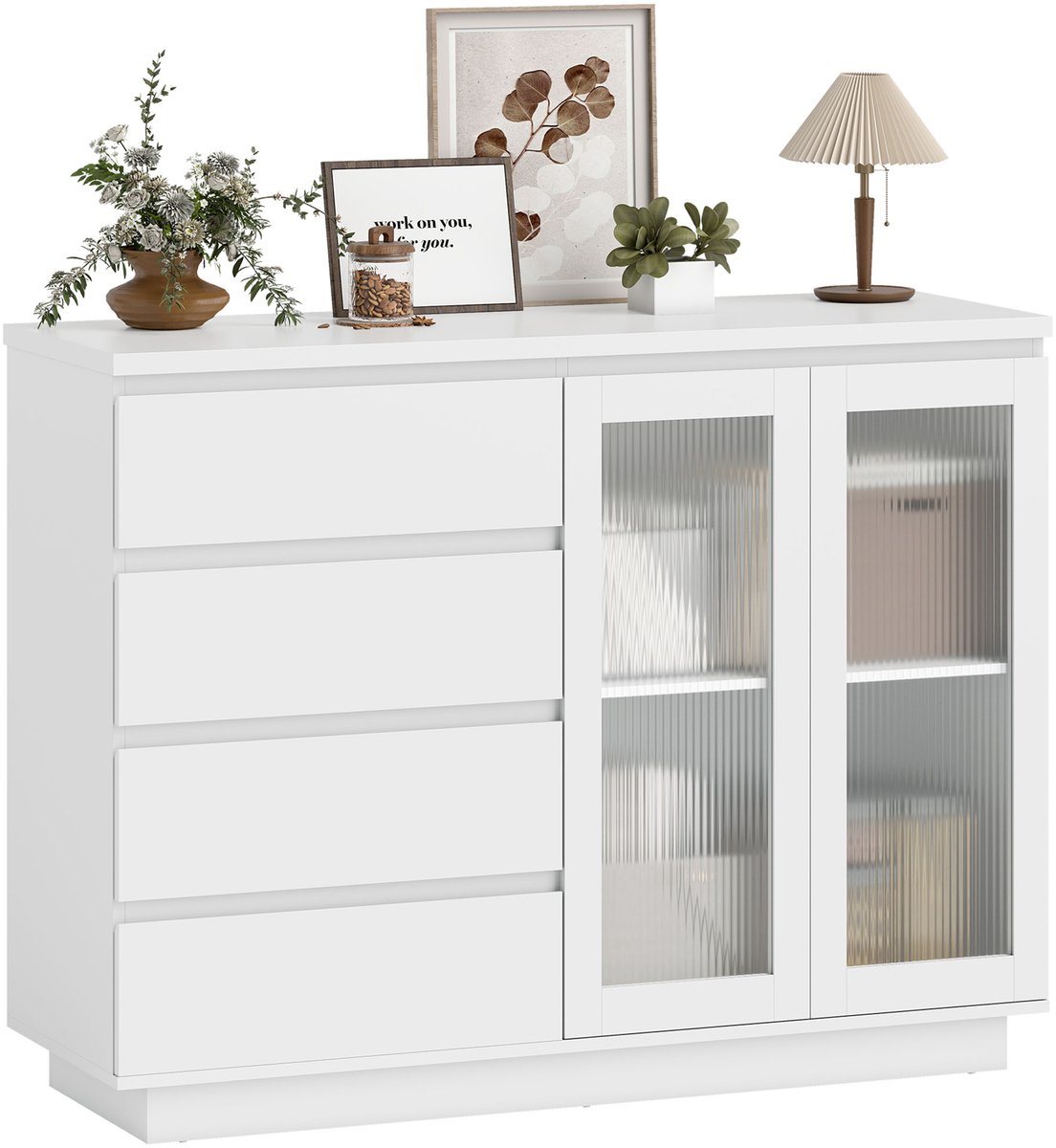 HOMCOM dressoir - met 4 lades - 2 glazen deuren - wit