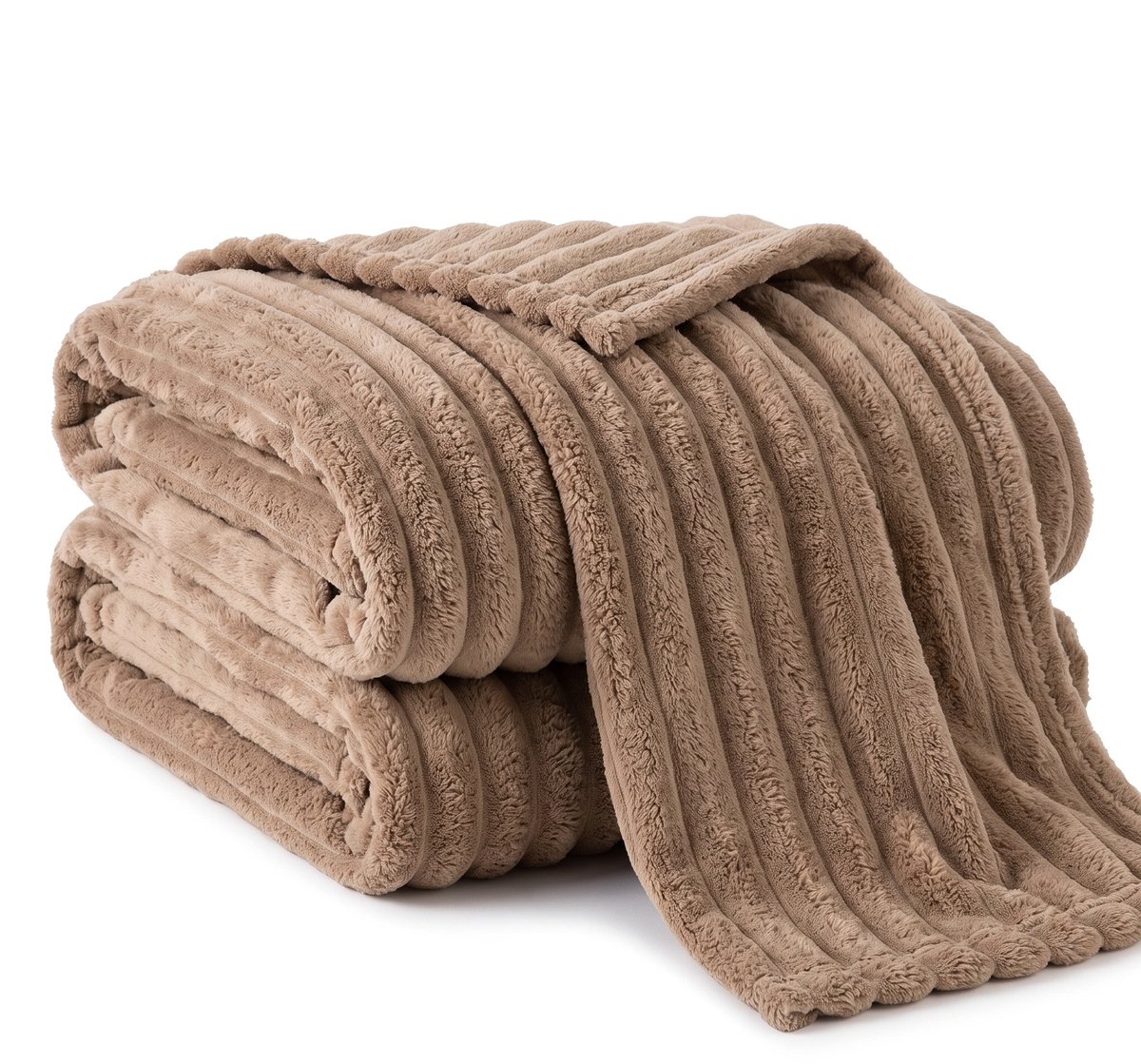 Cheqo® Fleece Deken - Plaid - Fleece Plaid met Ribstof - 2 Persoons Deken - Lits-Jumeaux Plaid - XL Deken - Bedsprei - Woondeken - Knuffeldeken - Bankdeken - Plaid voor Bank - Grand Foulard - Sprei - Taupe Plaid - Deken voor Bed - Fleece Blanket